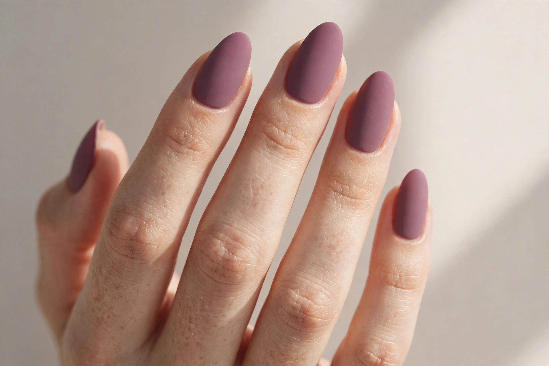 Matte mauve almond manicure in dusty rose purple with velvety finish