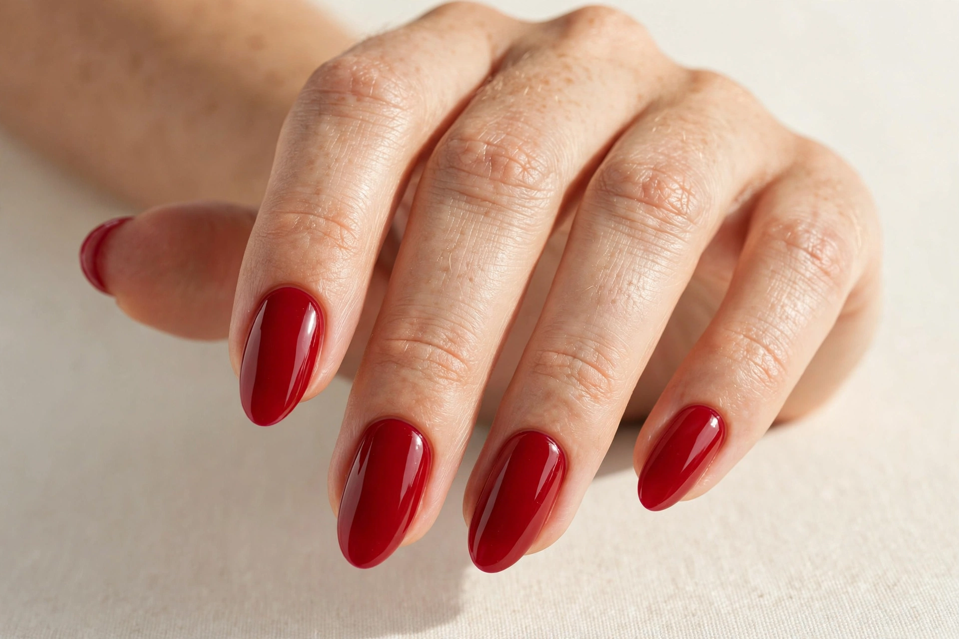 Classic glossy cherry red manicure on almond shaped nails
