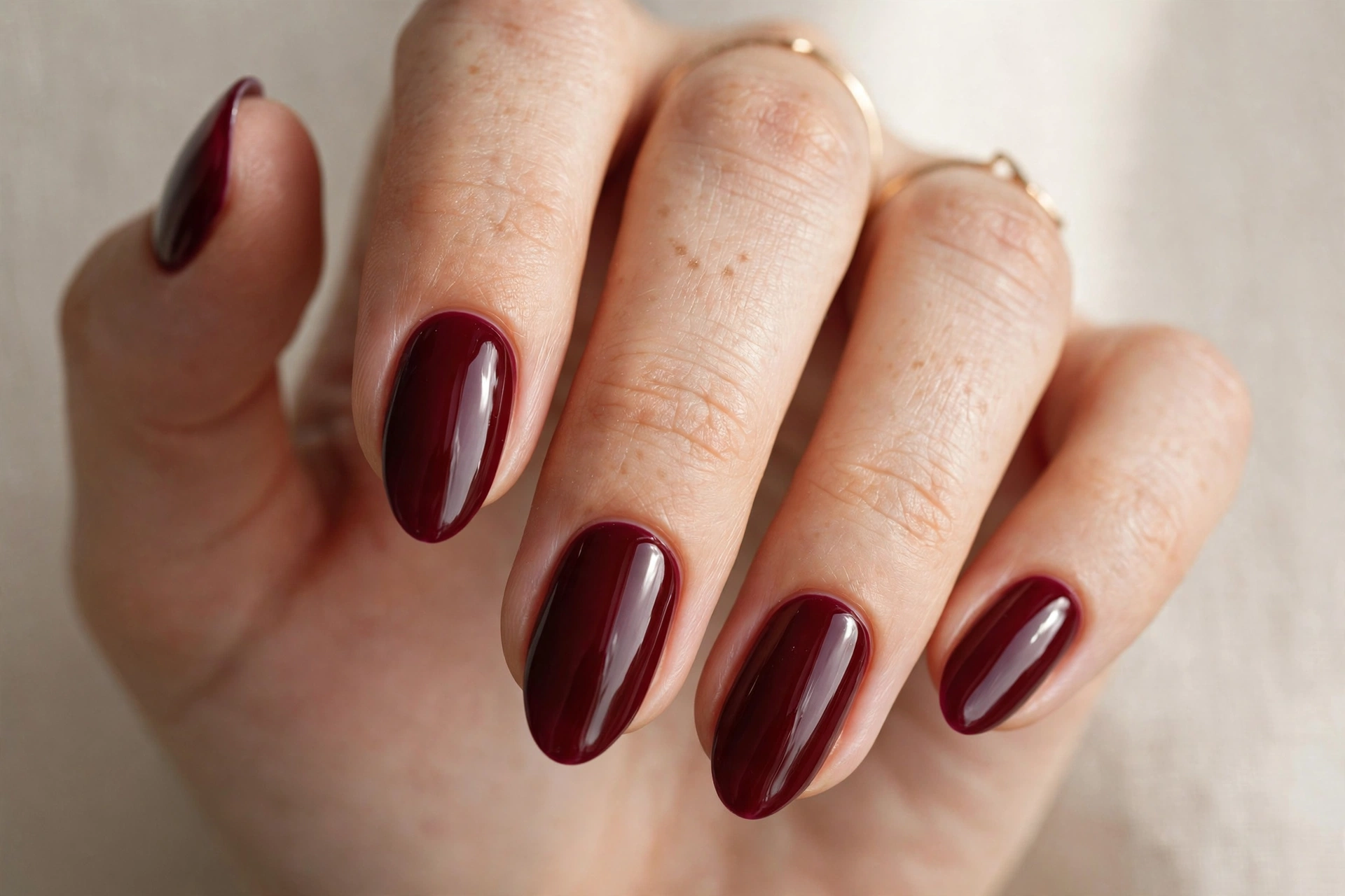 Deep burgundy wine manicure with glossy finish on almond nails