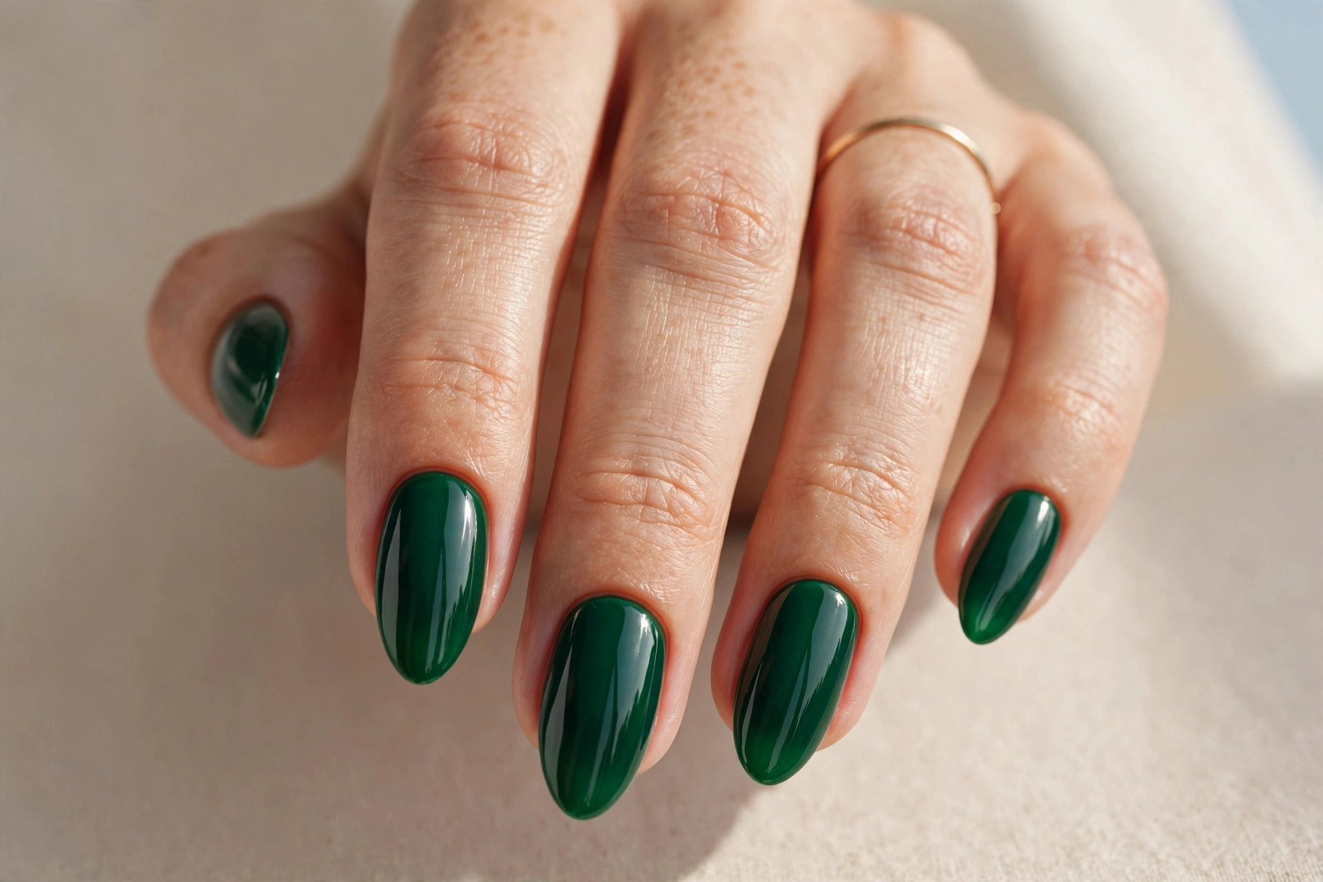 Rich emerald green glossy manicure on almond shaped nails