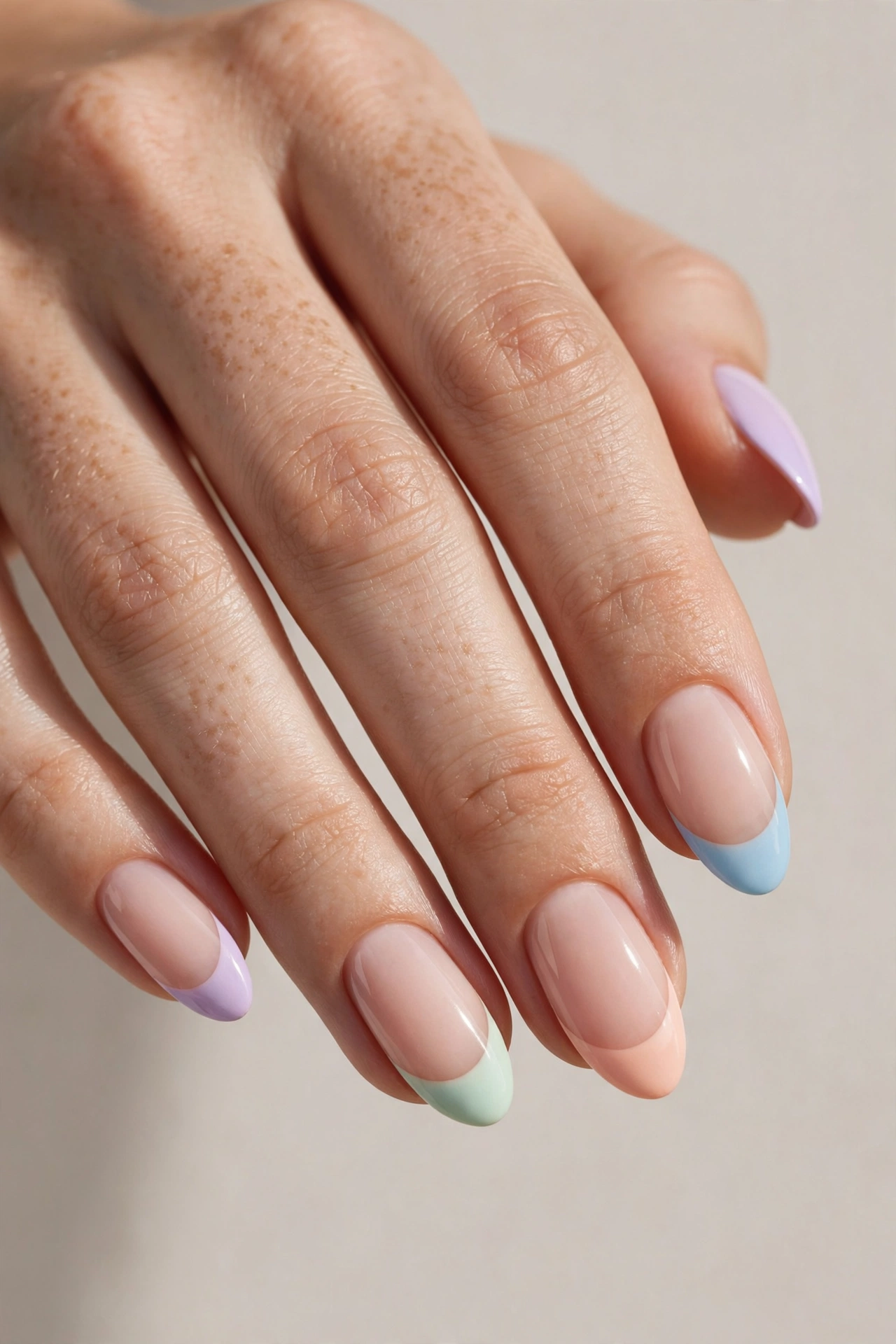 Pastel rainbow French tips in lavender mint peach and sky blue on almond nails