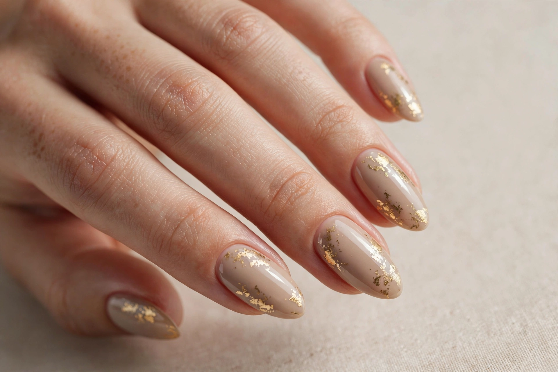 Soft beige almond nails decorated with delicate gold foil flake accents