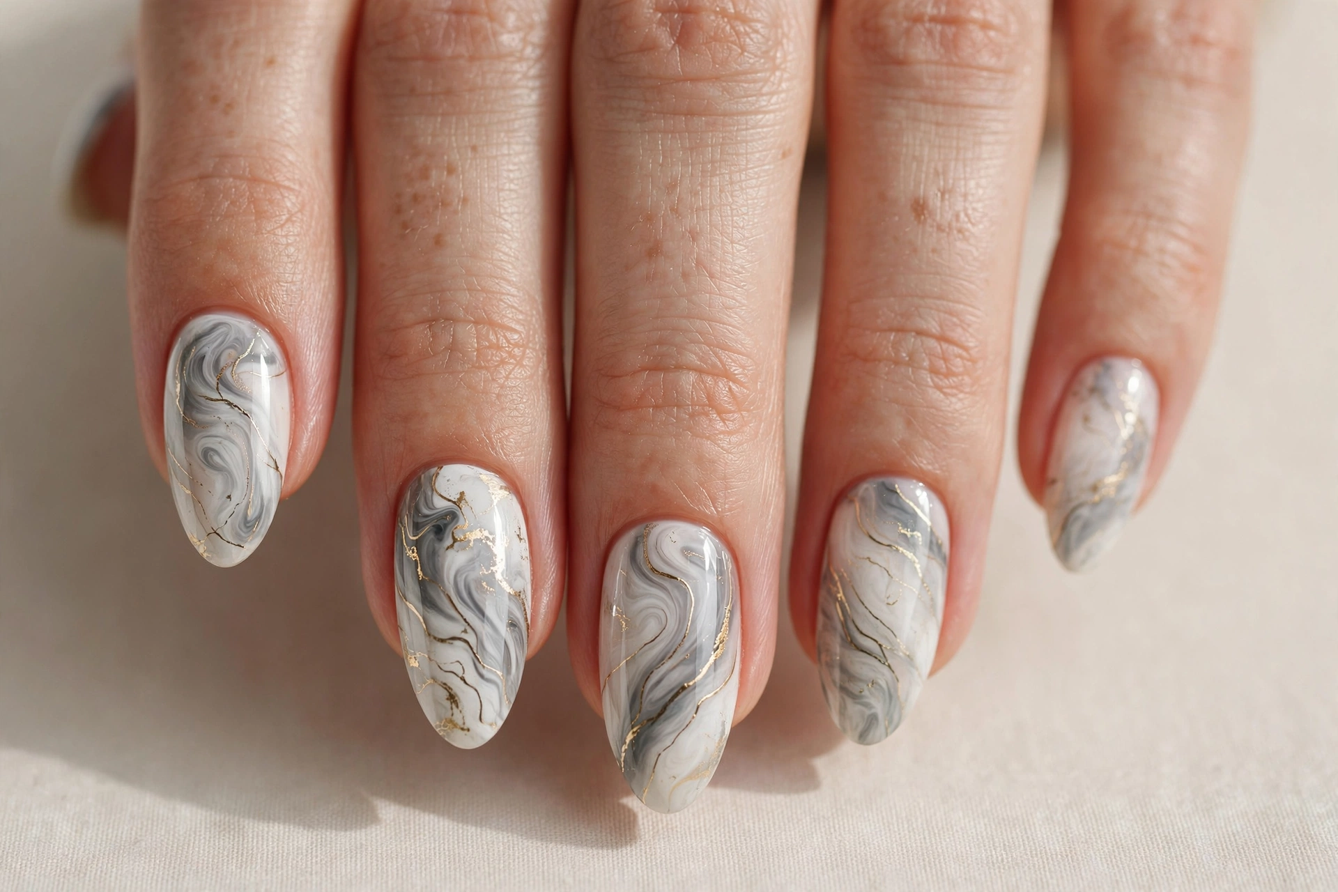 White and grey marble swirl nail art with subtle gold veining on almond nails