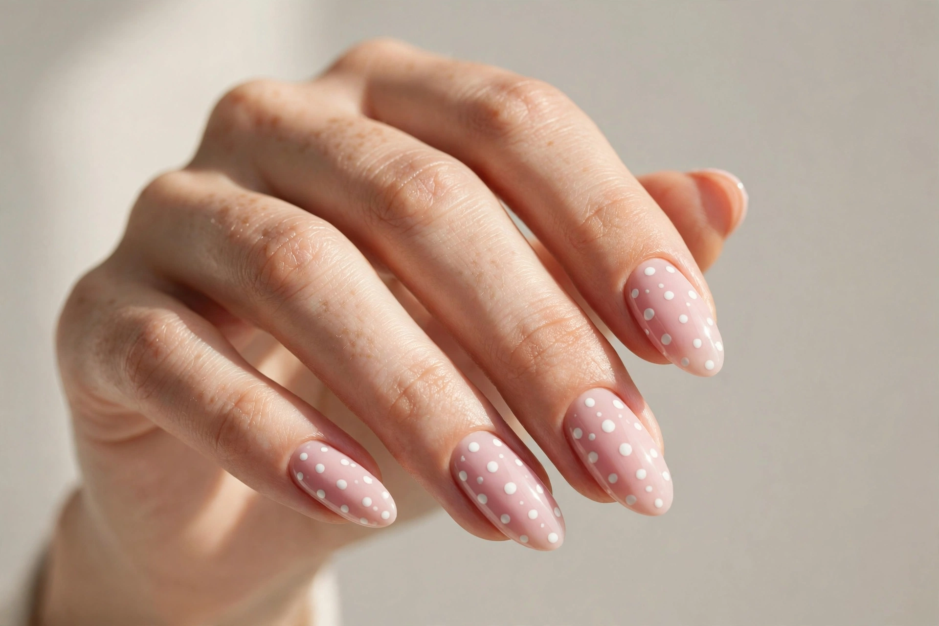Playful white polka dots on soft pink almond nails