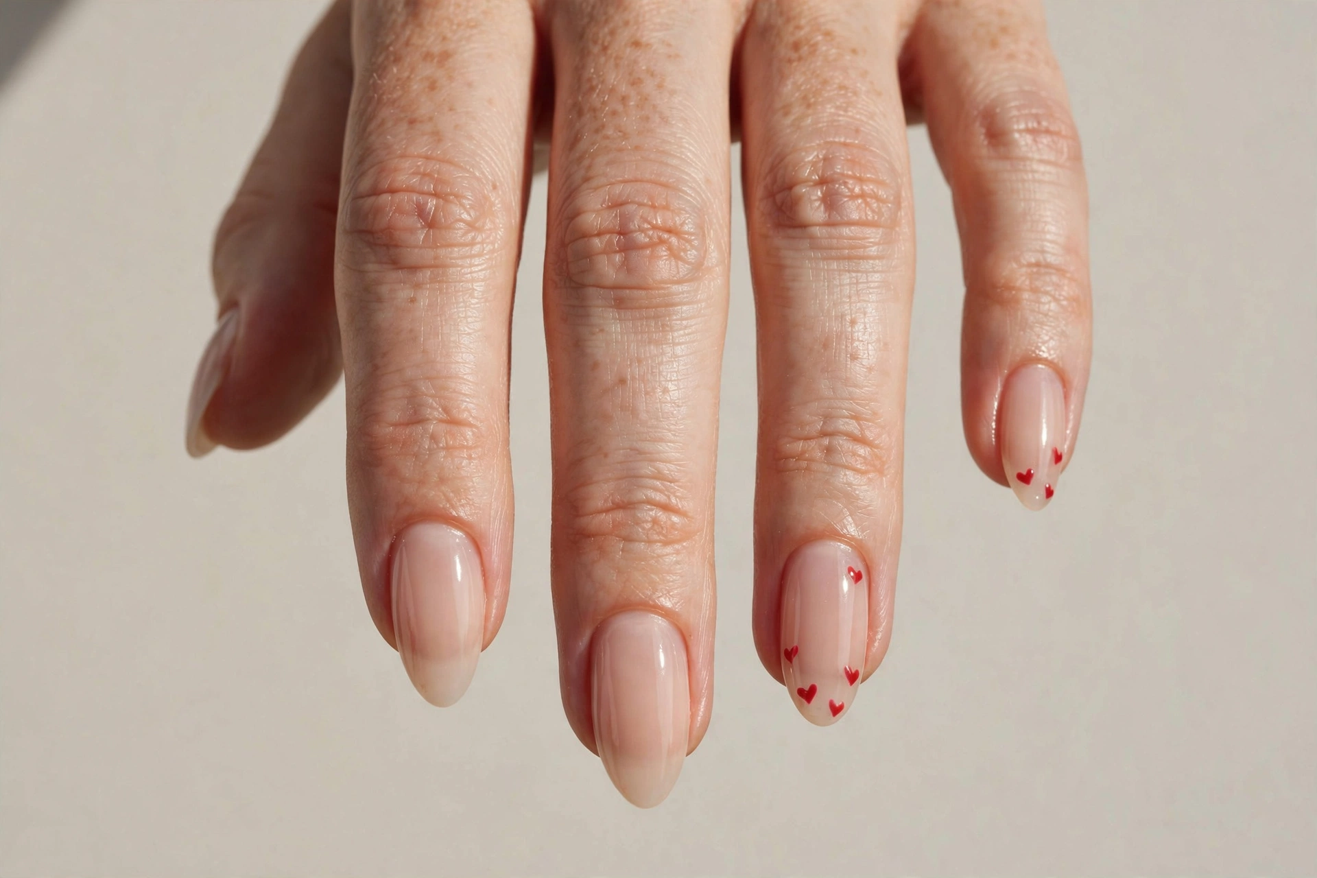 Sheer nude almond nails with tiny red heart details on accent nails