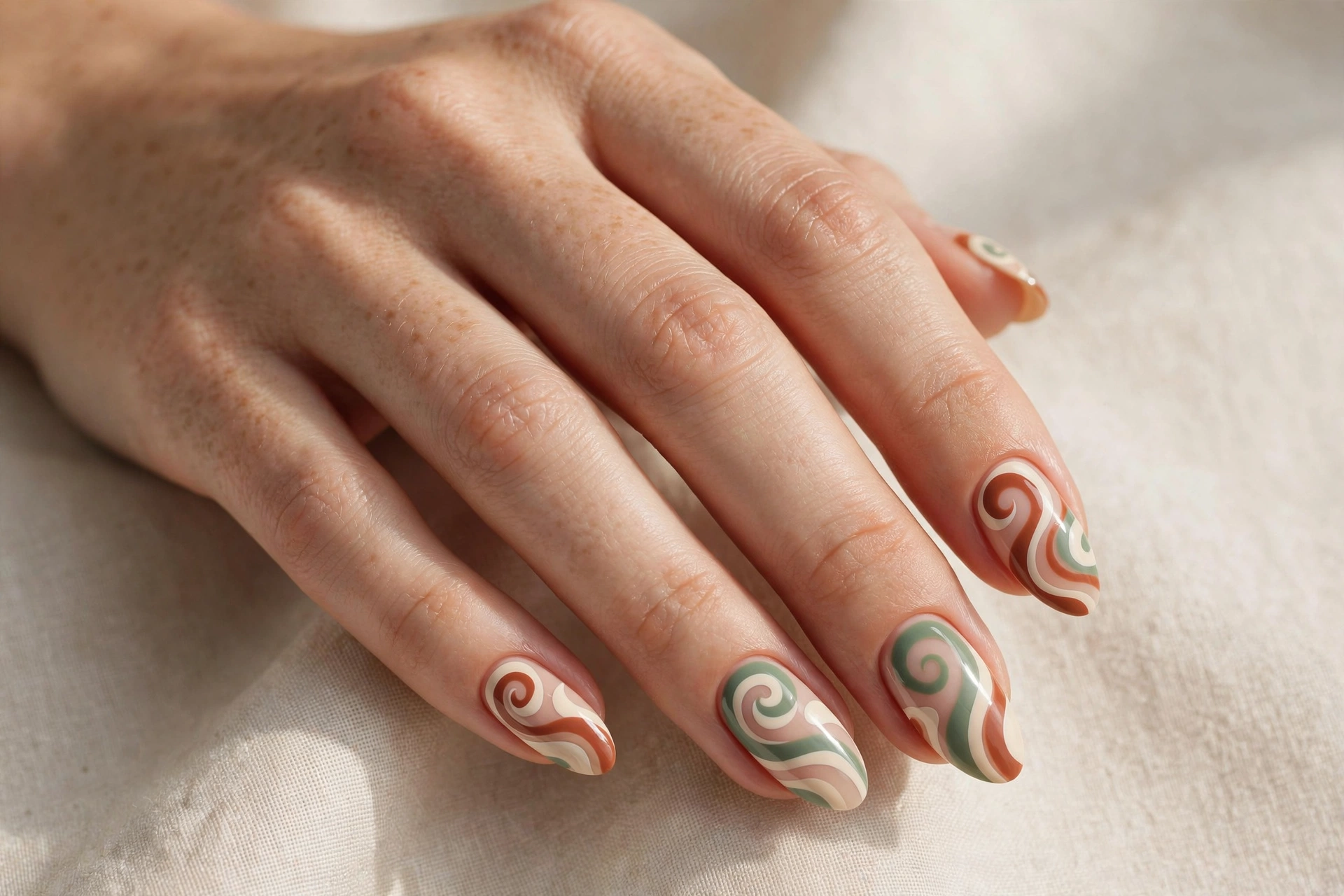 Retro abstract swirl art in terracotta cream and sage green on nude almond nails