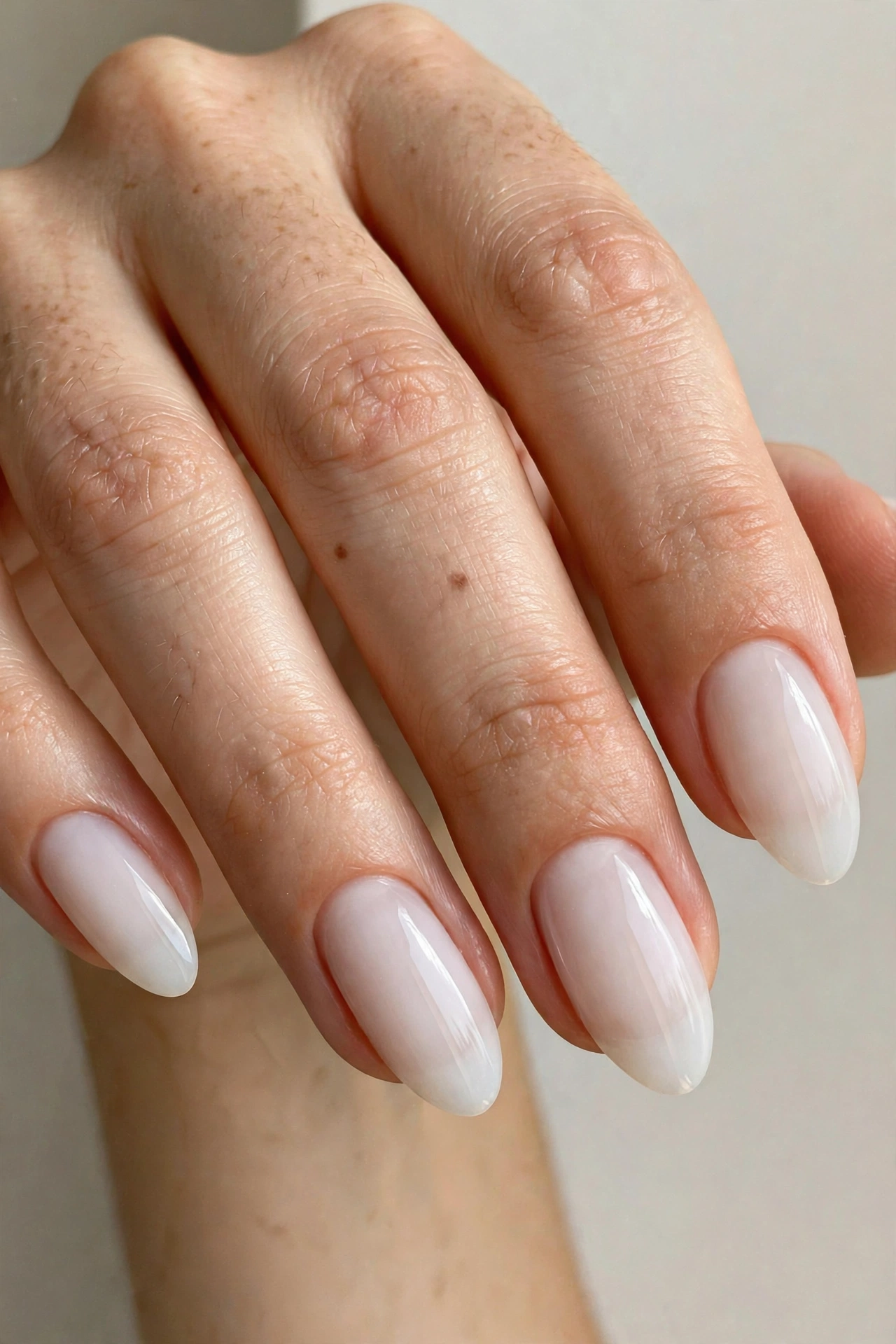 Milky white sheer manicure with clean glassy finish on almond nails