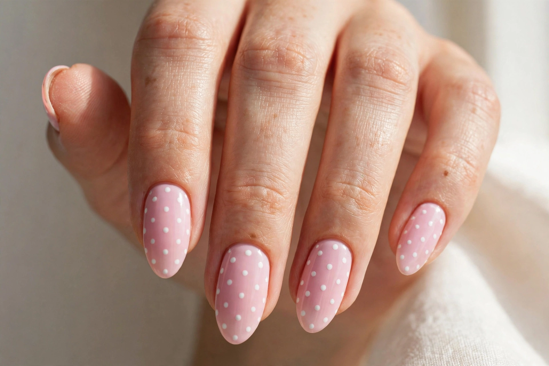 Pastel polka dot nail design with white dots on baby pink polish