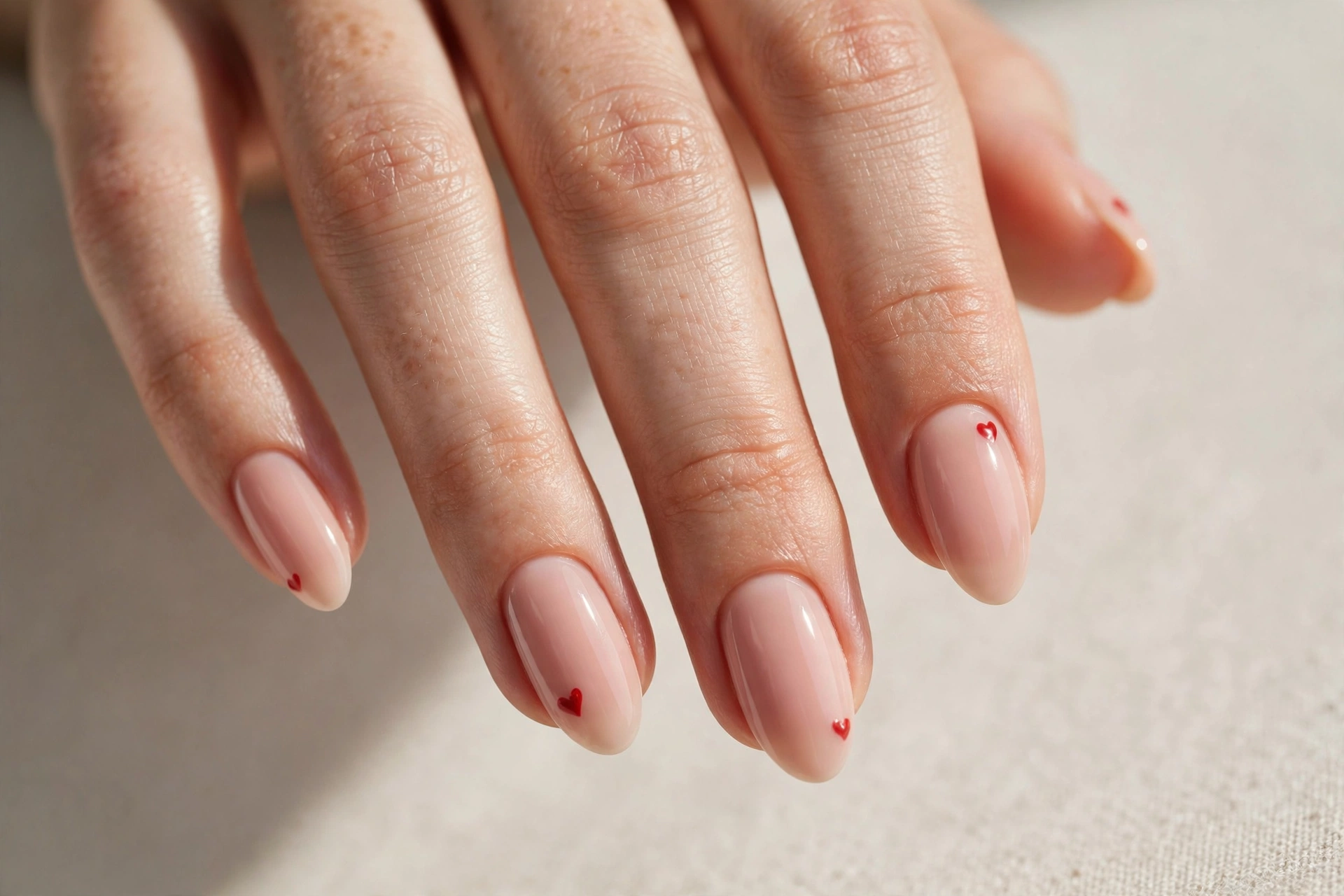 Tiny red heart accent nail art on nude pink manicure
