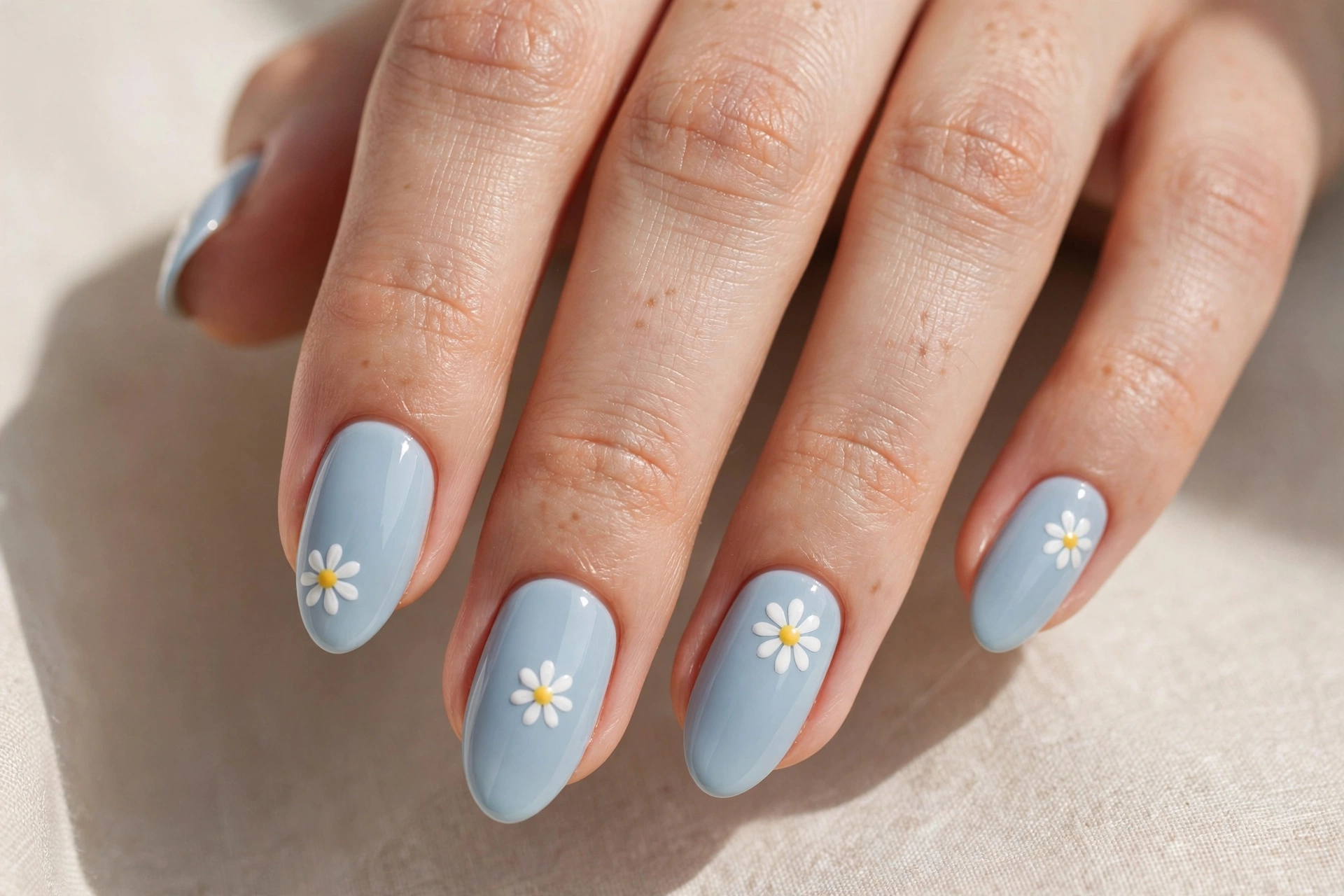 Simple daisy flower nail art with white petals and yellow centers on pastel blue nails