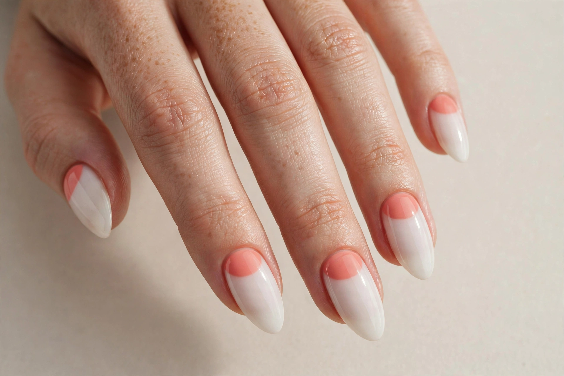 Two-tone half moon manicure with coral crescents on milky white nails