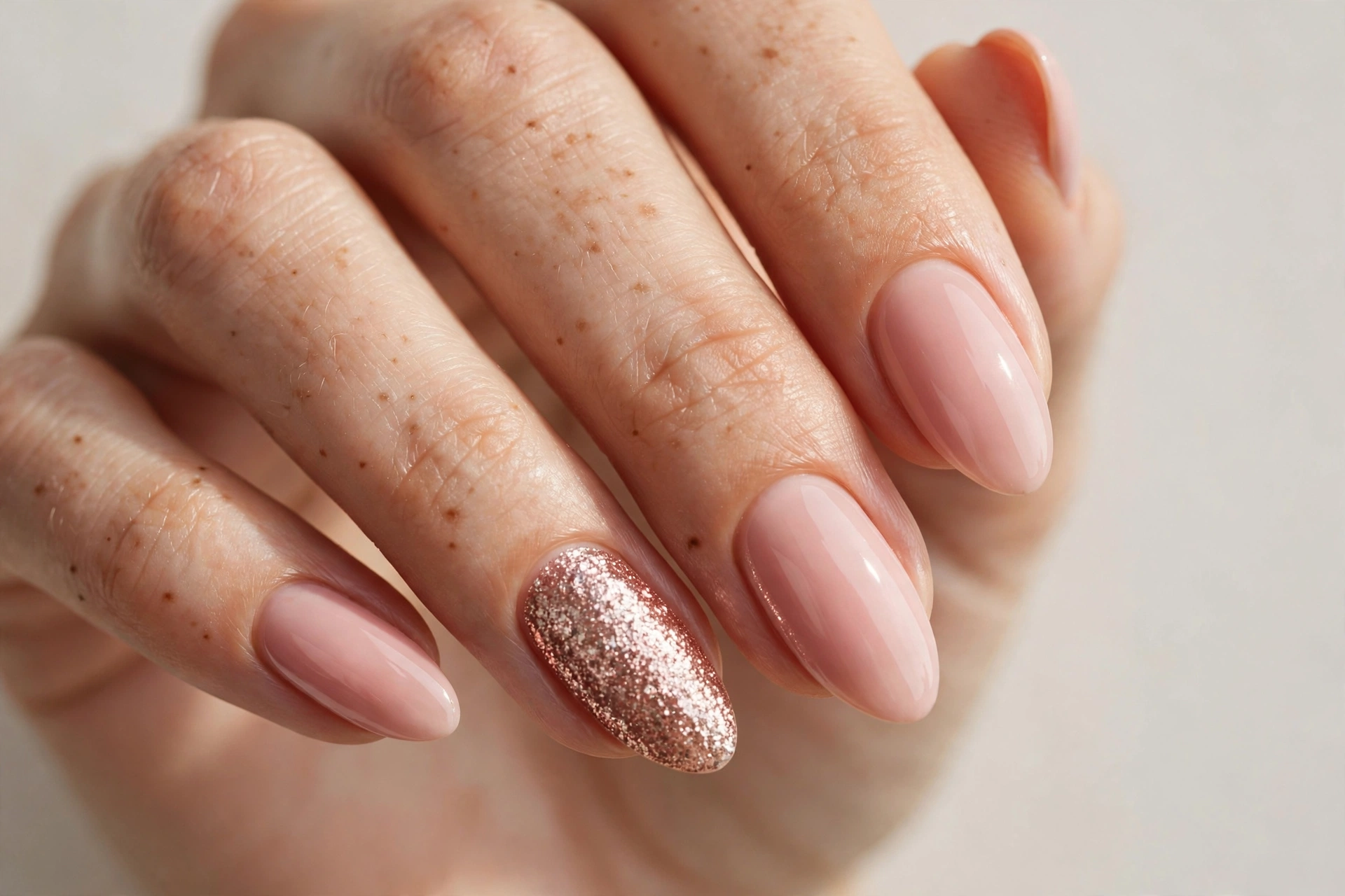 Rose gold glitter accent nail with blush pink nails