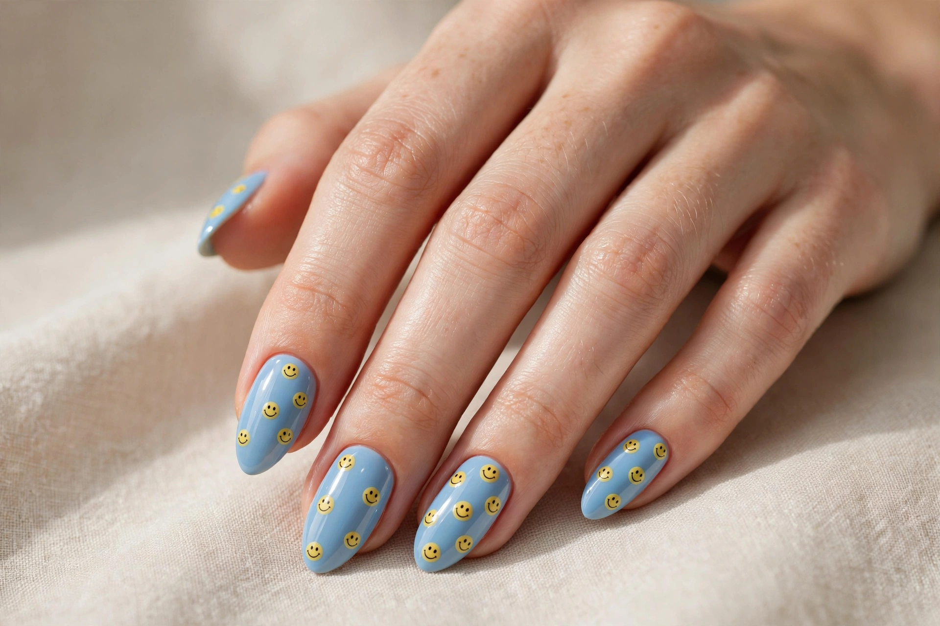 Cute smiley face nail art with tiny yellow faces on sky blue nails