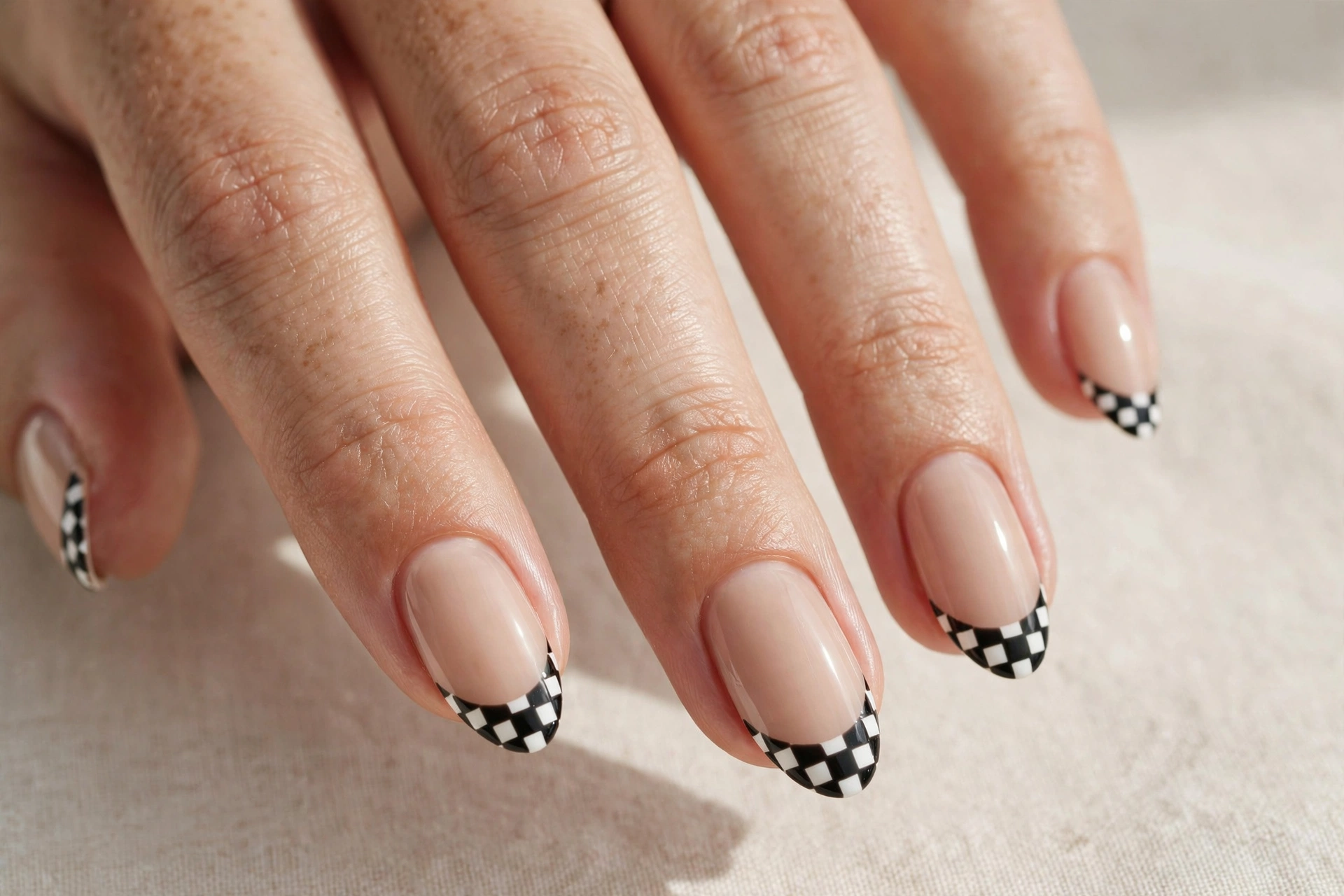Black and white checkerboard tips on nude base nails