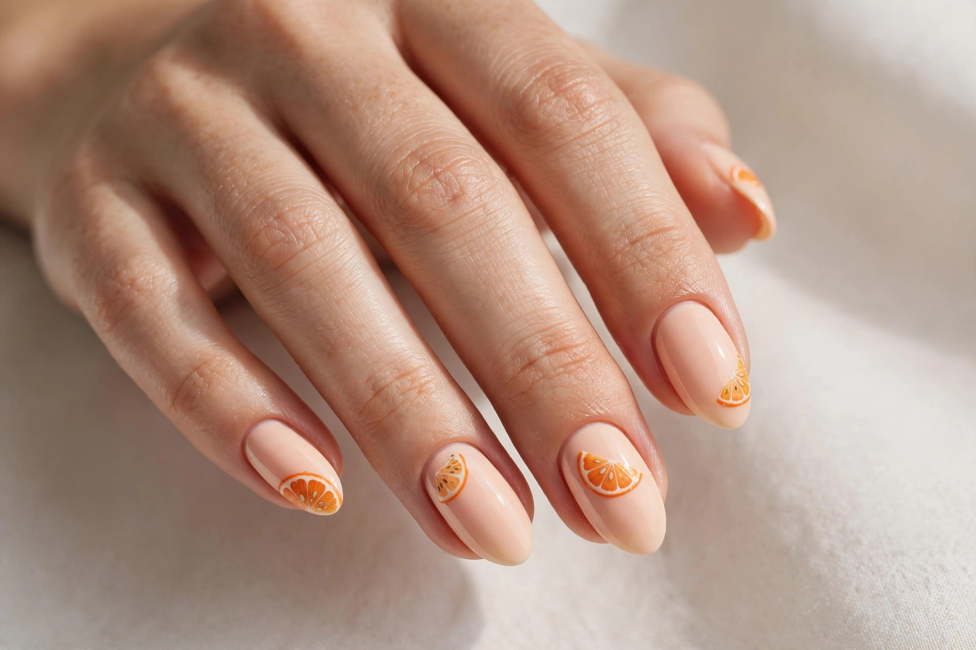 Cute orange fruit slice nail art on pale peach nails