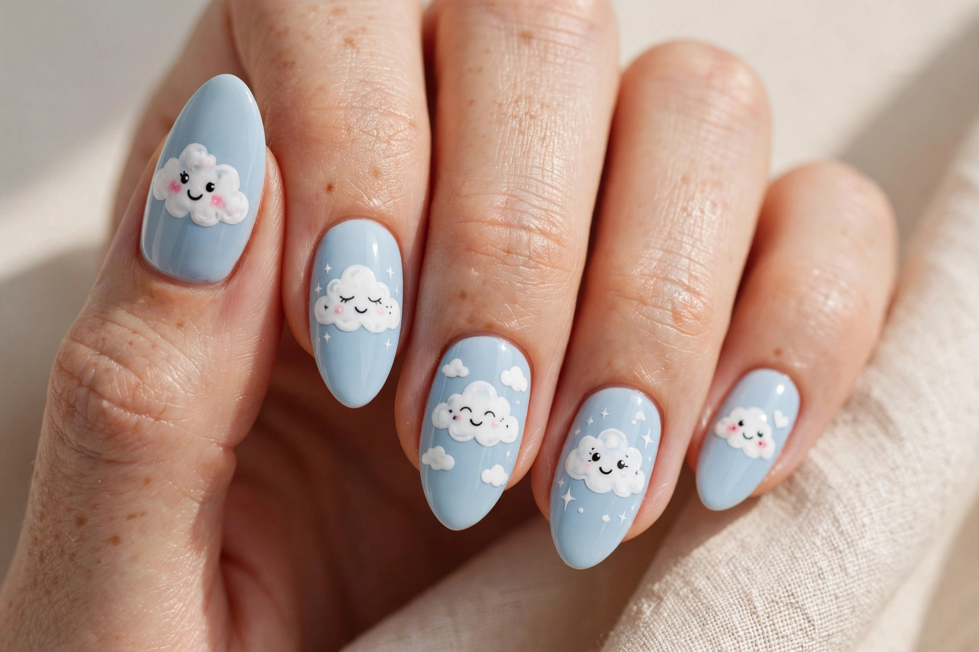 Fluffy white cartoon cloud nail art on baby blue nails
