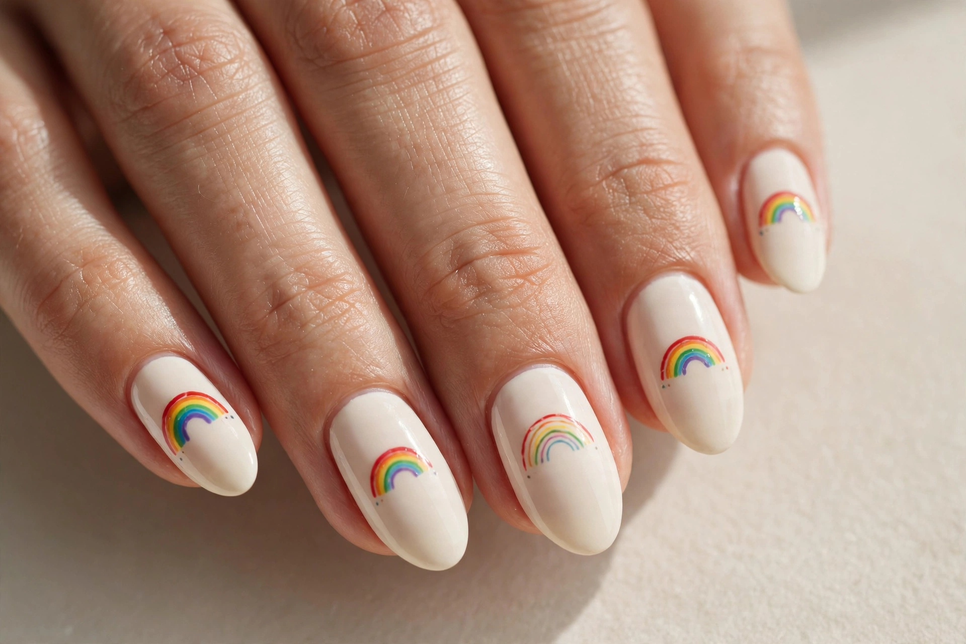 Rainbow arc nail art with hand-painted rainbow arches on cream white nails