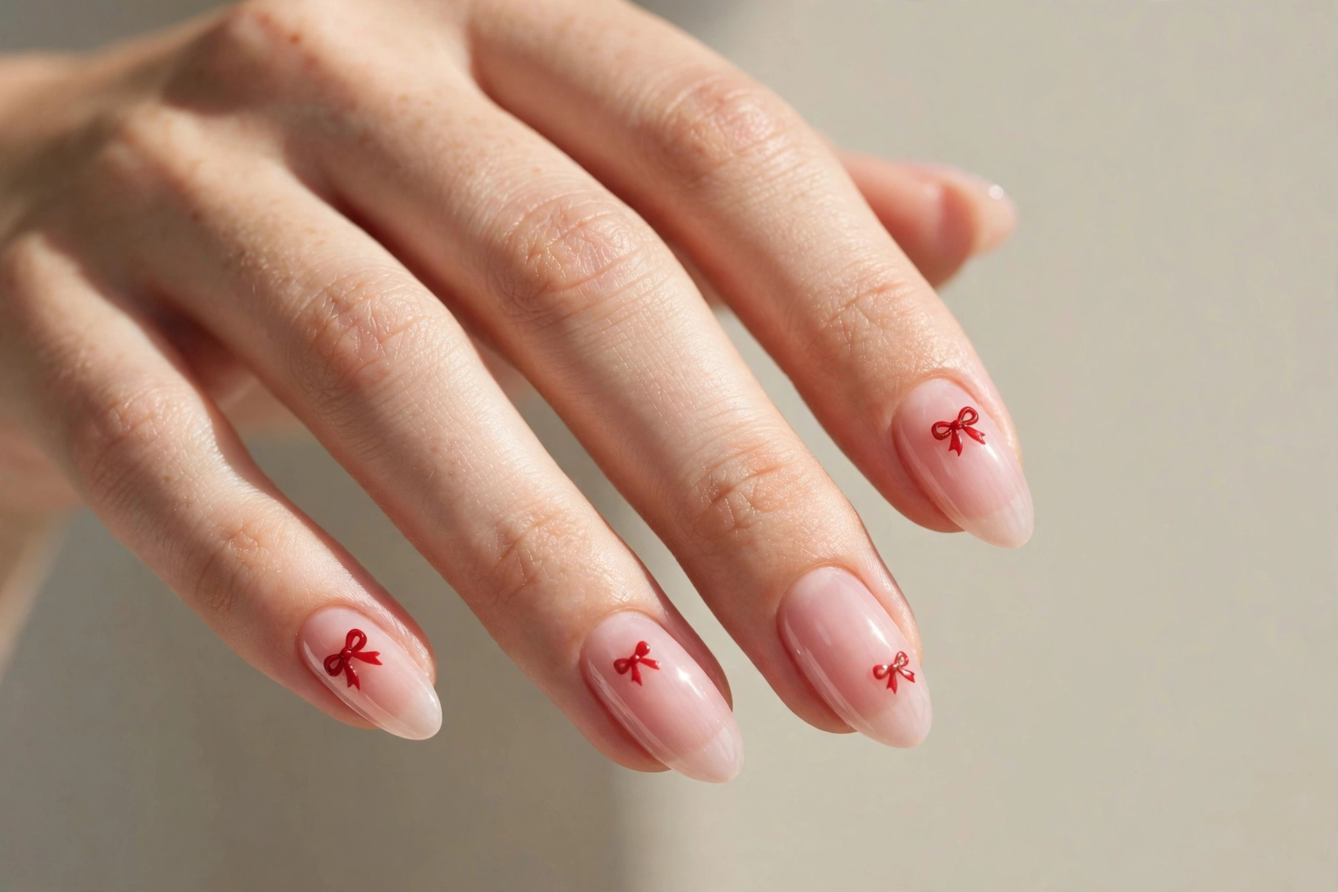 Cute red bow nail art decals on sheer pink nails
