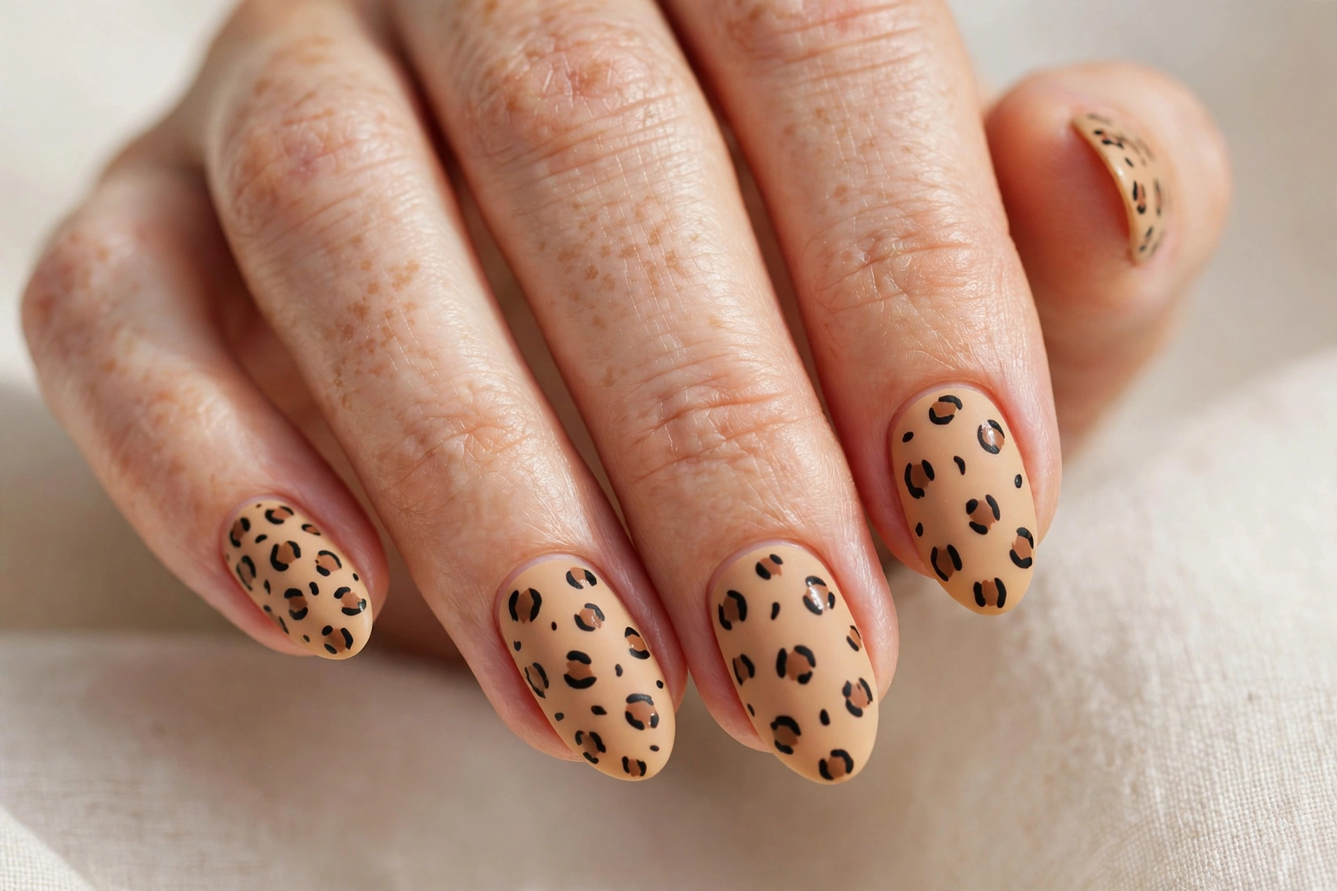 Simplified leopard print nail art with brown spots on tan nails