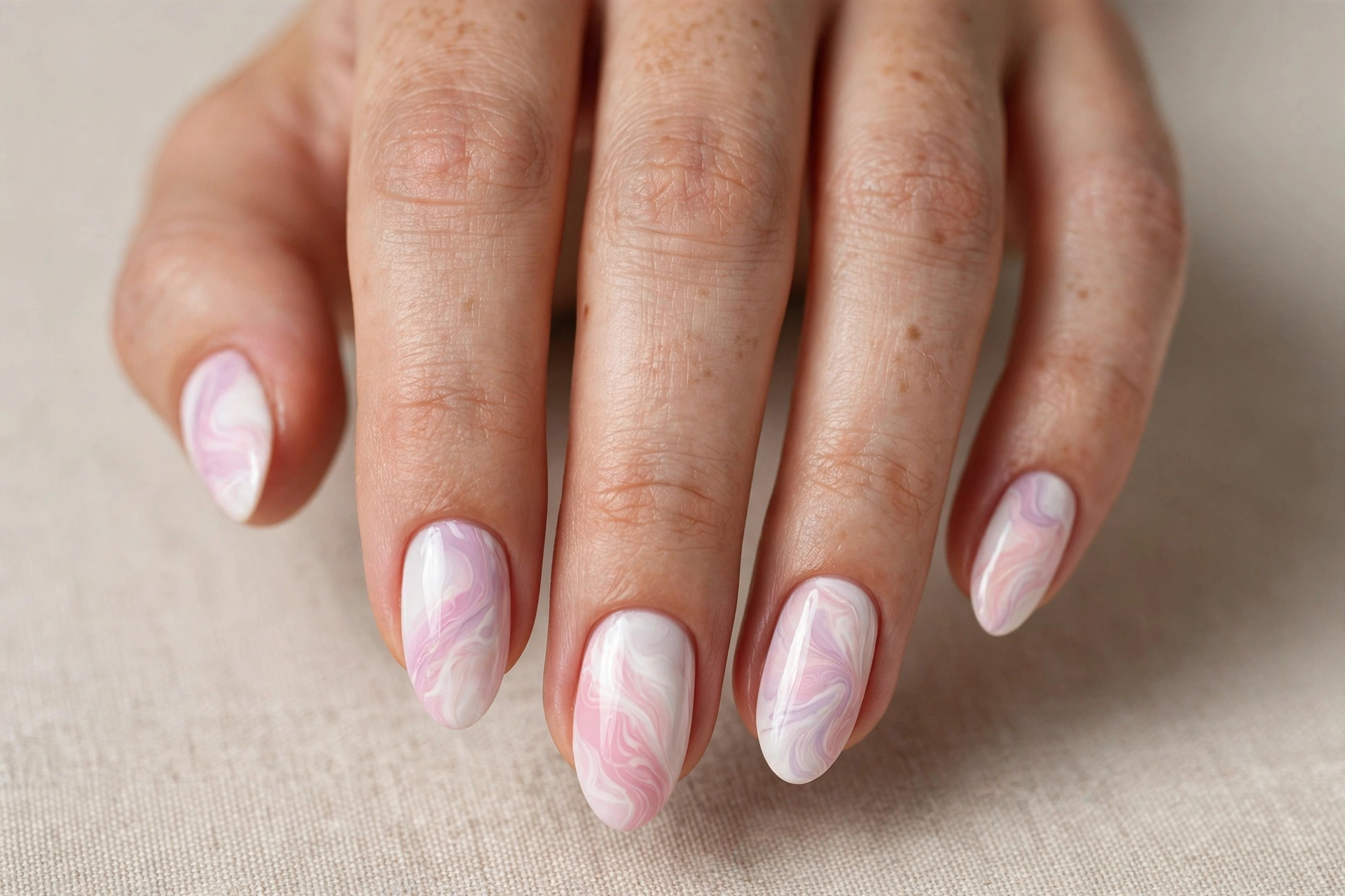 Soft pastel water marble nail art with pink and white swirls
