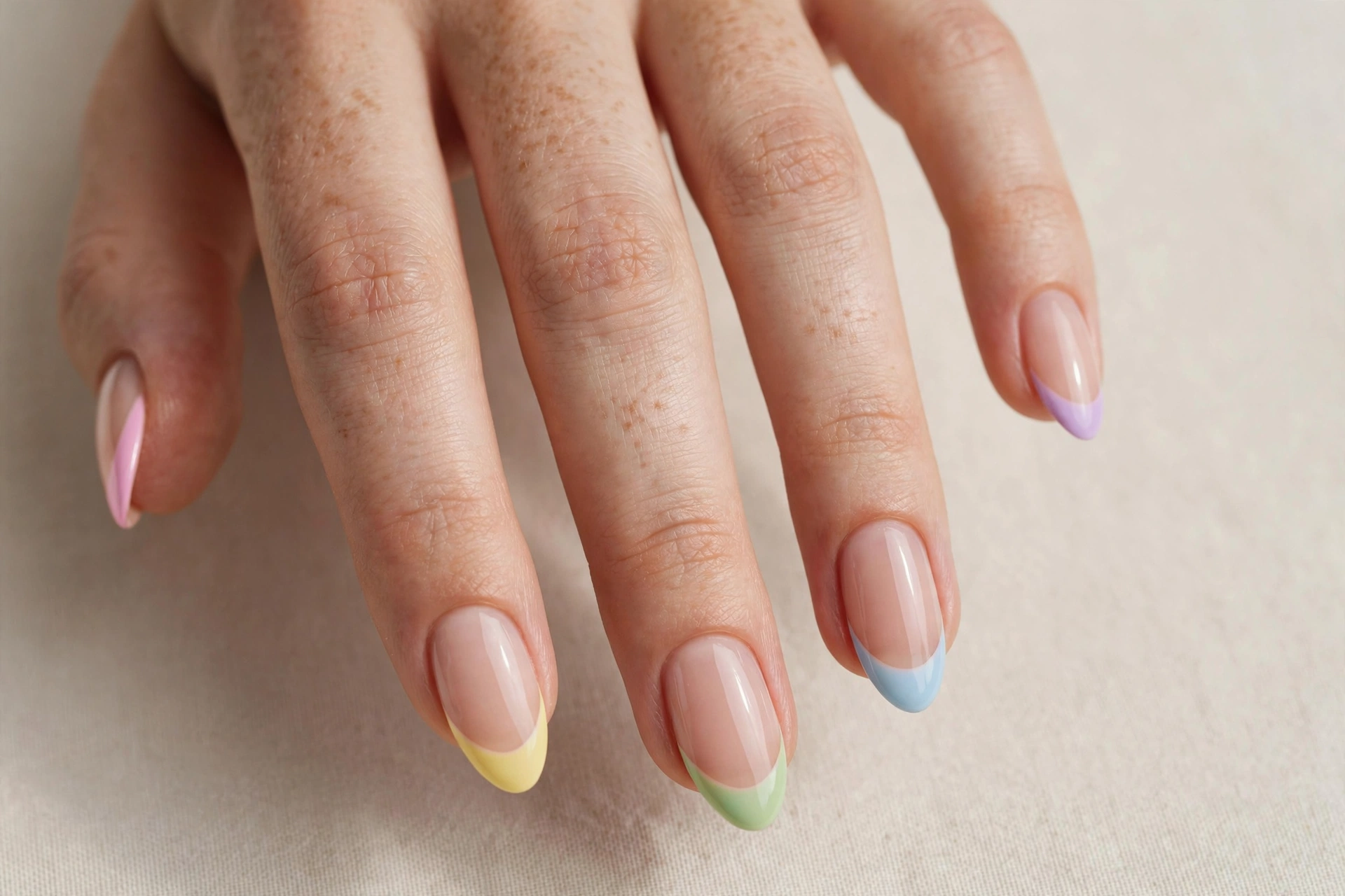 French manicure with pastel rainbow colored tips on nude nails