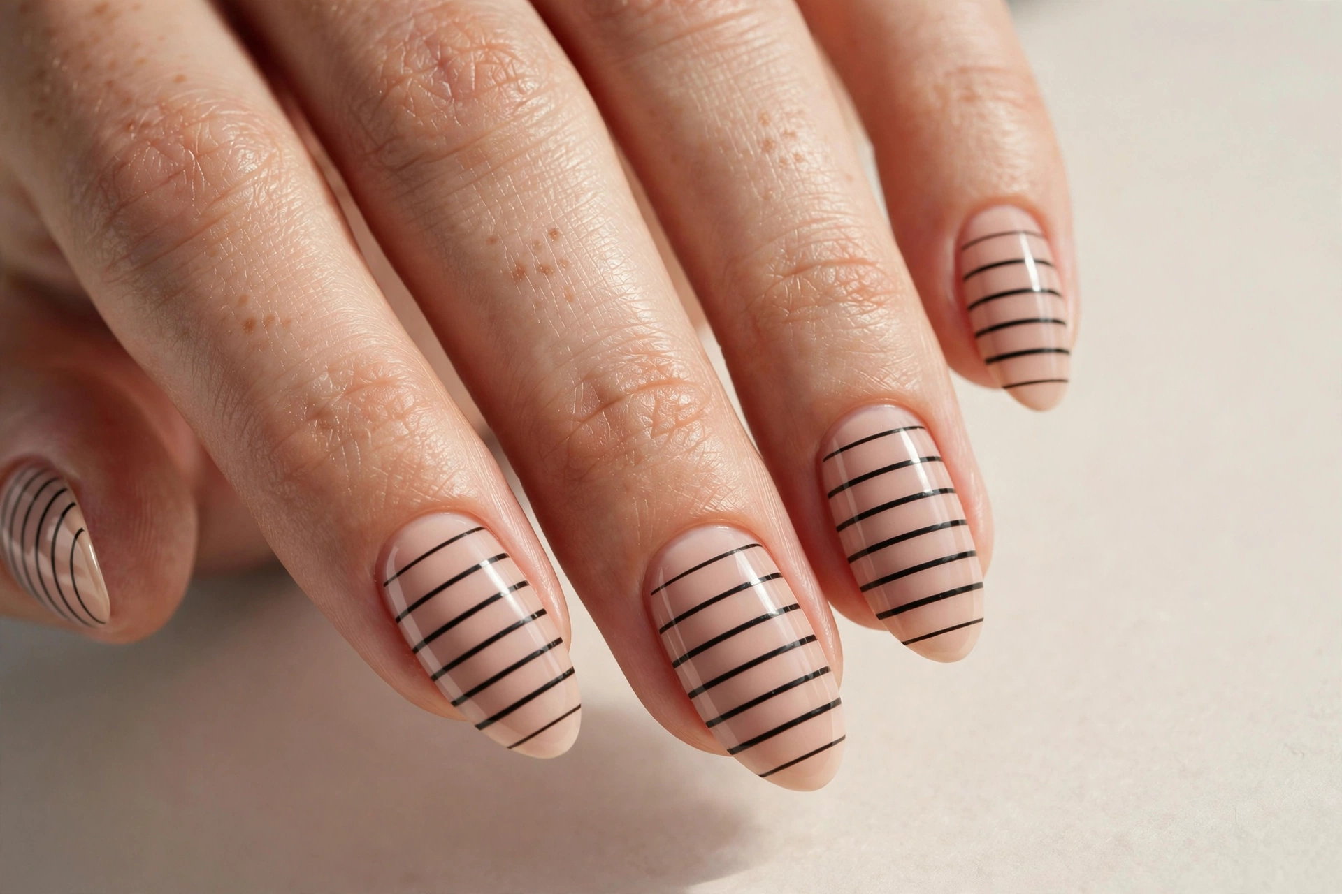 Striped nail art with thin black tape lines on beige nails