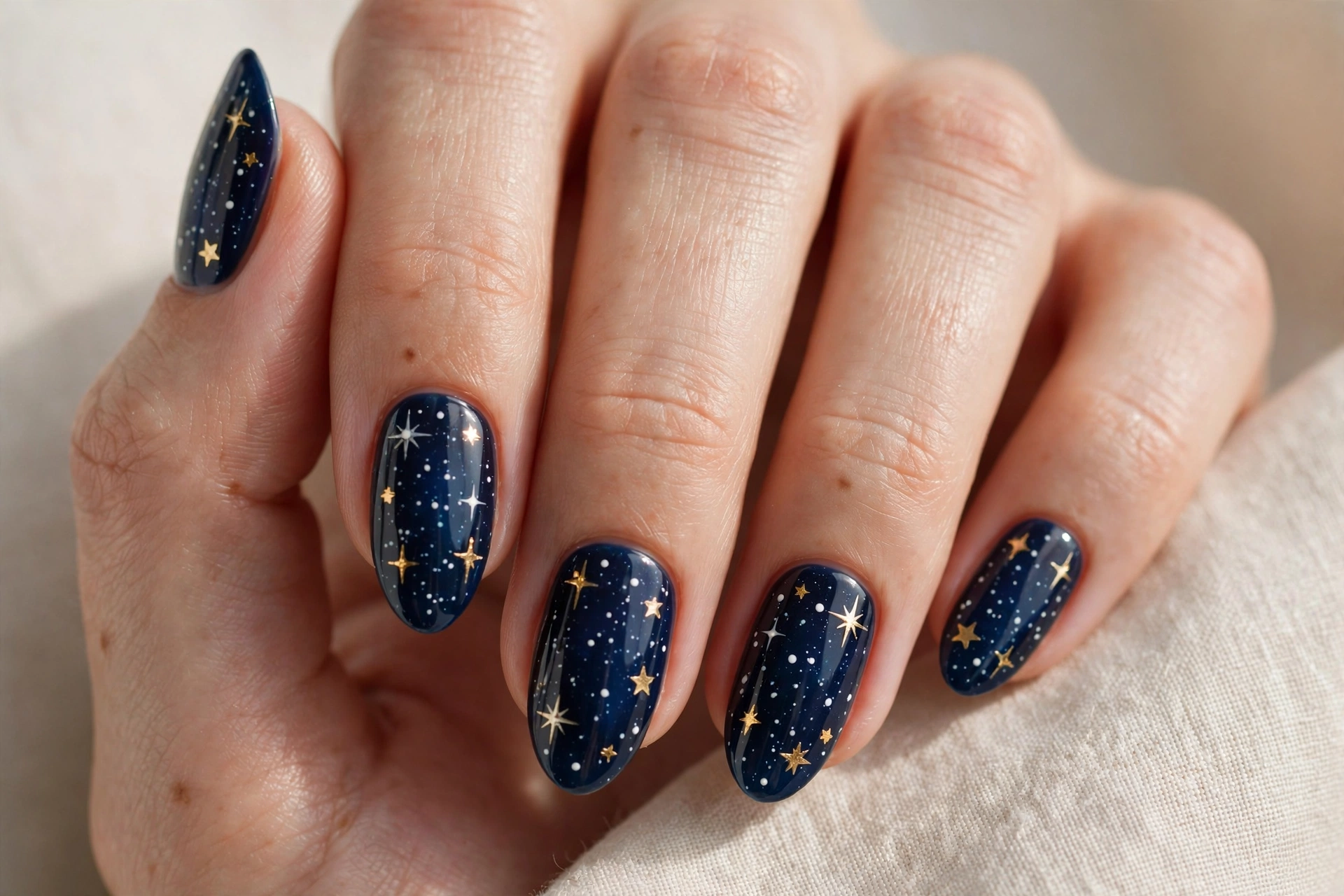 Starry night nail art with white dots and gold stars on midnight blue nails