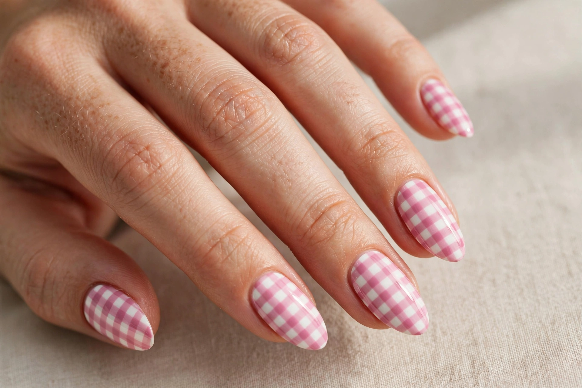 Pink and white gingham check nail art