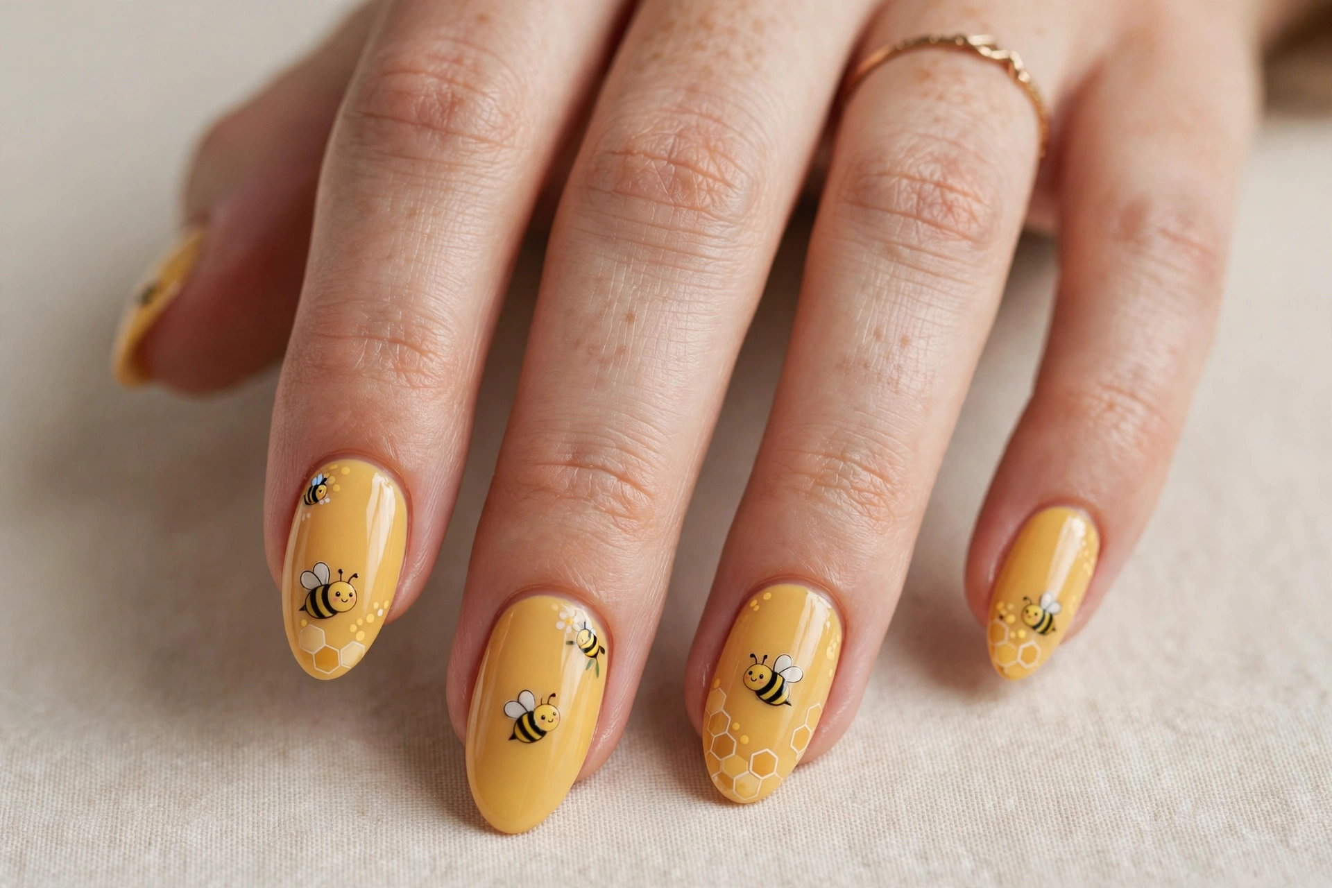 Cute bumblebee nail art with cartoon bees on honey yellow nails