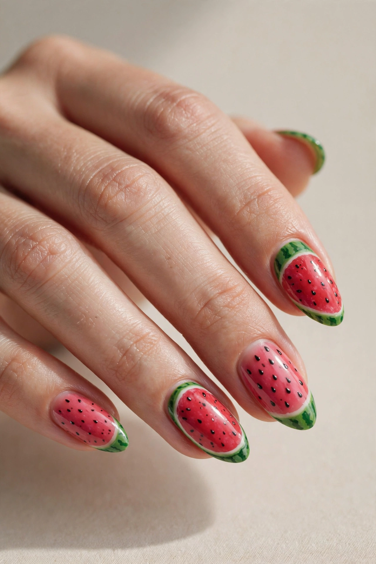 Watermelon nail art with pink flesh, green rind and tiny seeds