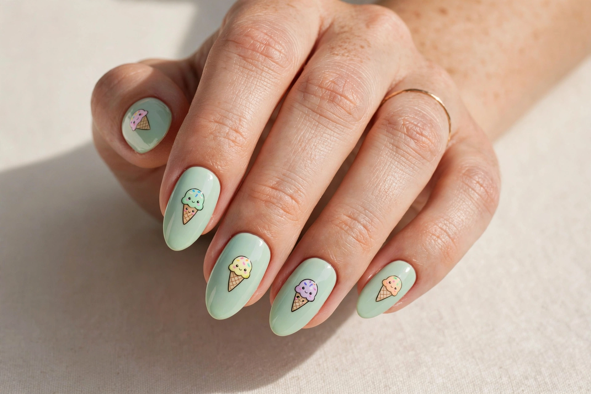 Cute ice cream cone nail art on mint green nails