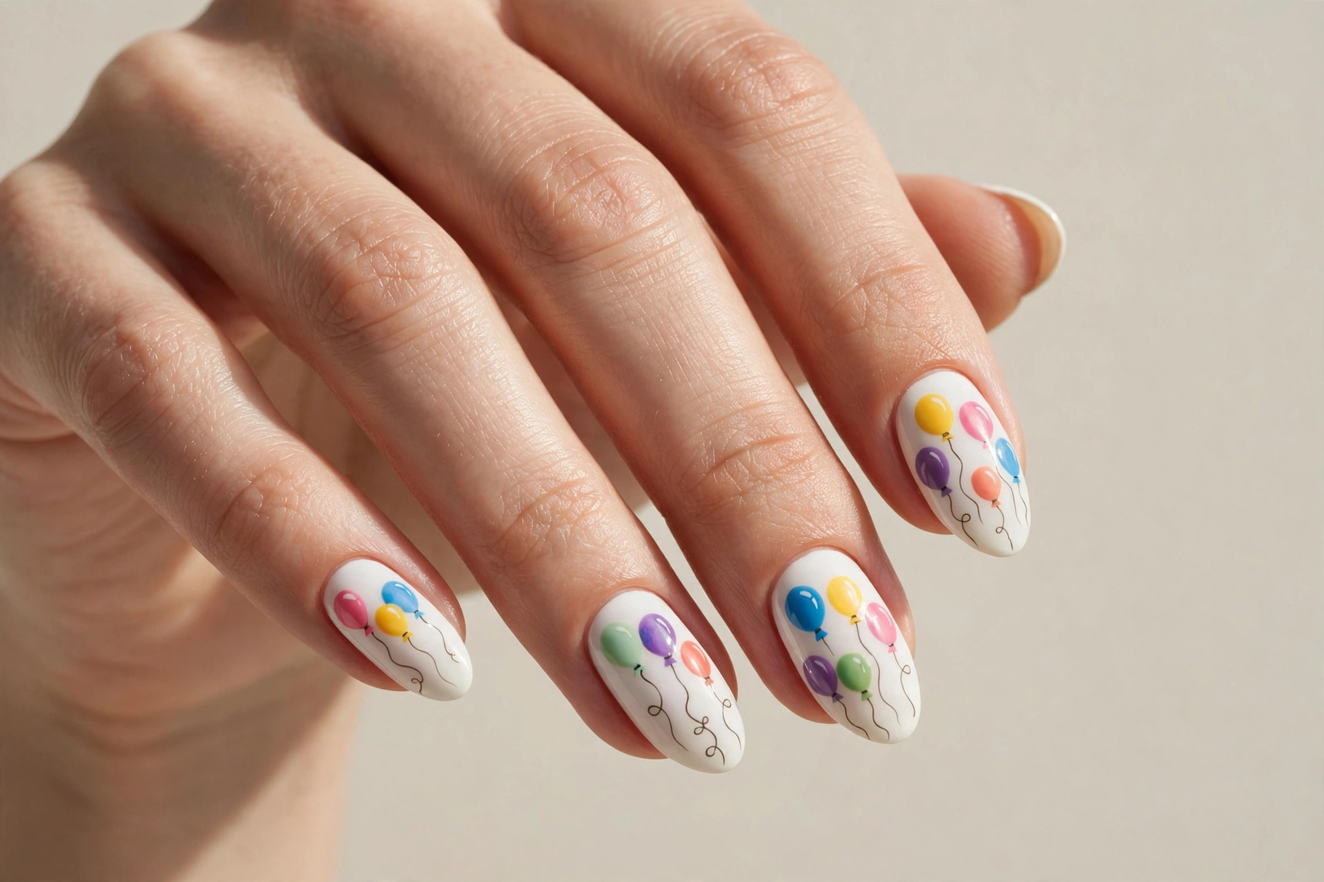 Balloon dot nail art with colorful balloons on white nails