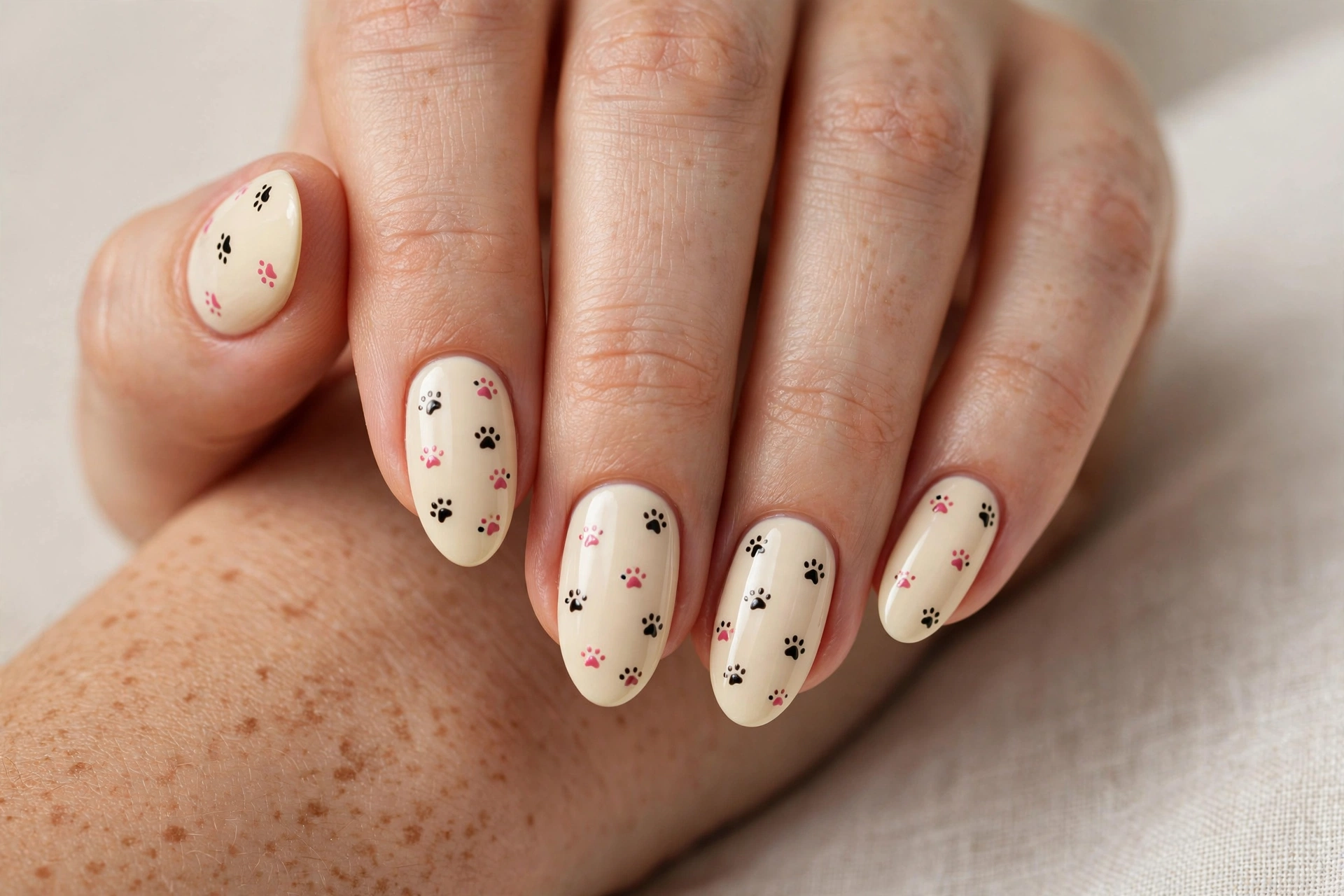 Cute paw print nail art with black and pink paw prints on cream nails