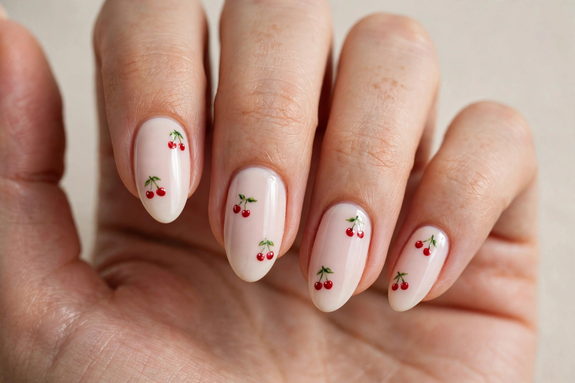 Cherry nail art with red cherries and green leaves on blush white nails