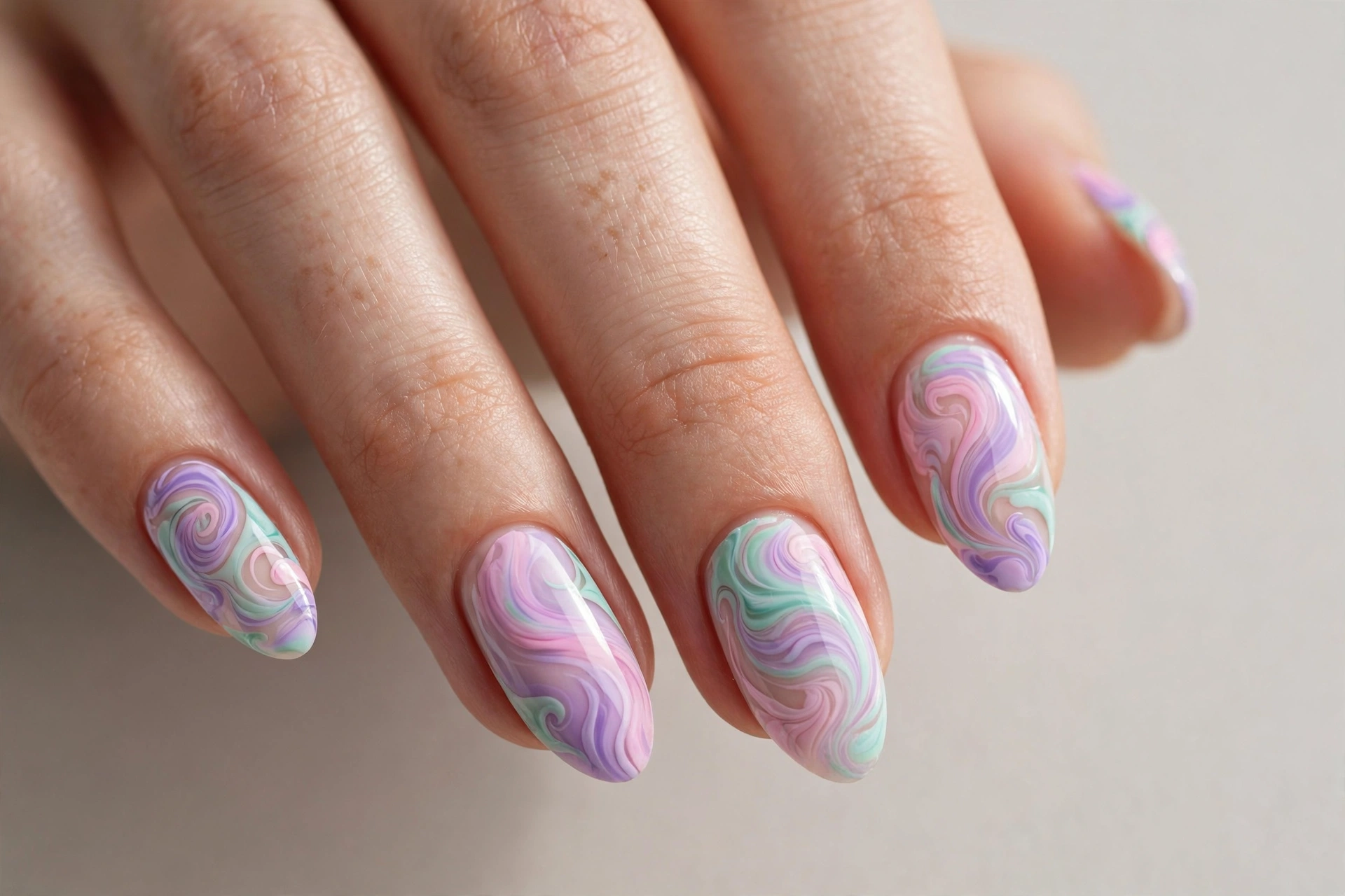 Abstract swirl nail art with pastel lavender, pink and mint swirls