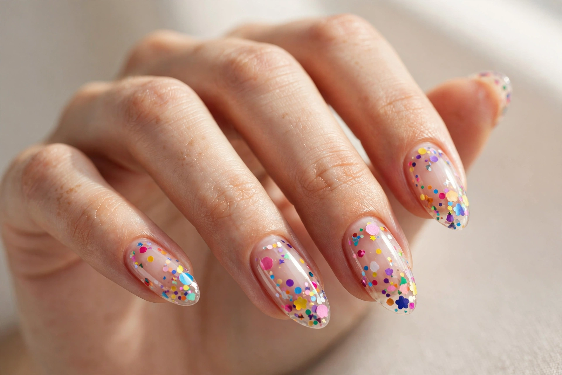 Confetti nail art with colorful sprinkles on clear glossy nails
