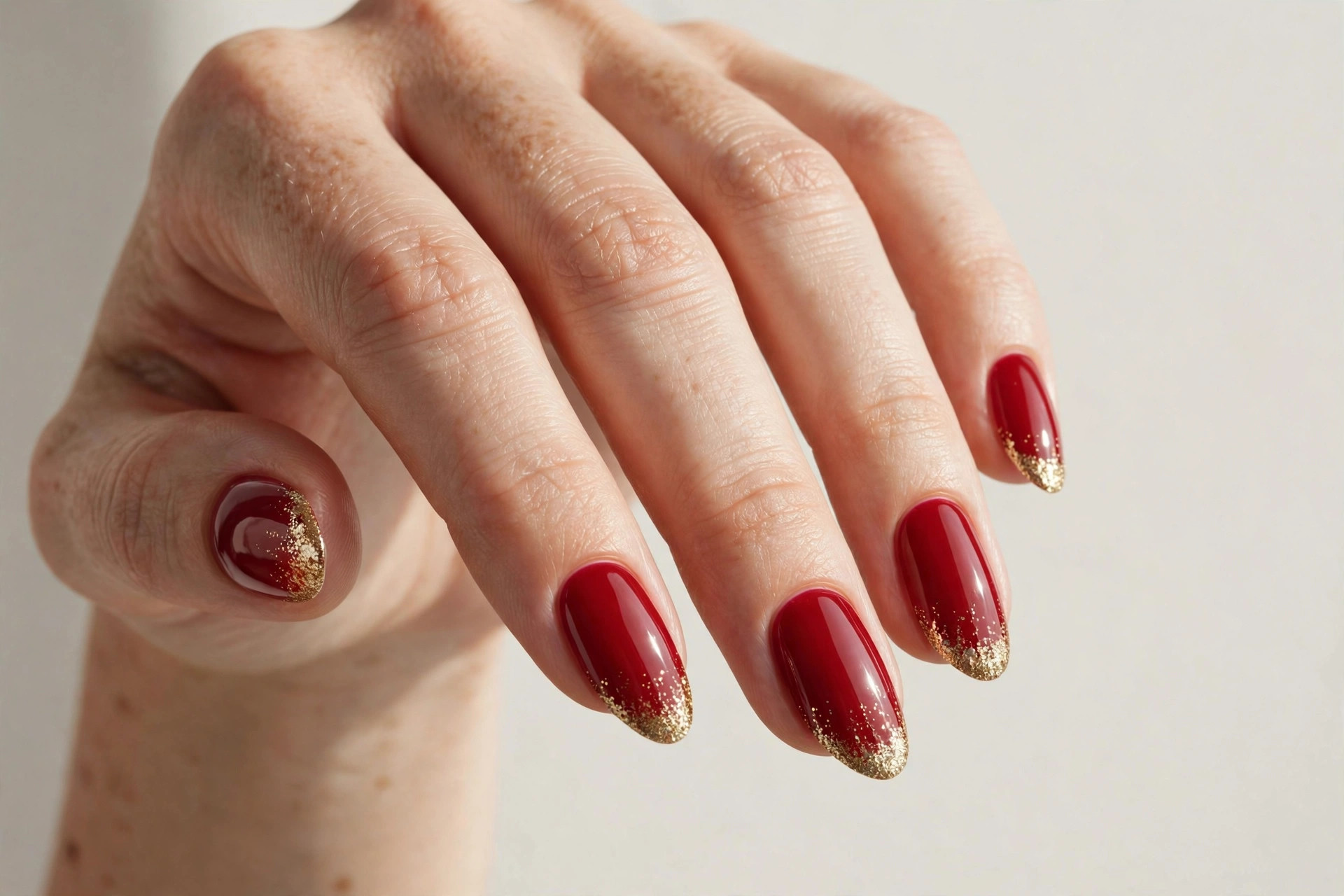 Classic glossy red nails with gold glitter tips