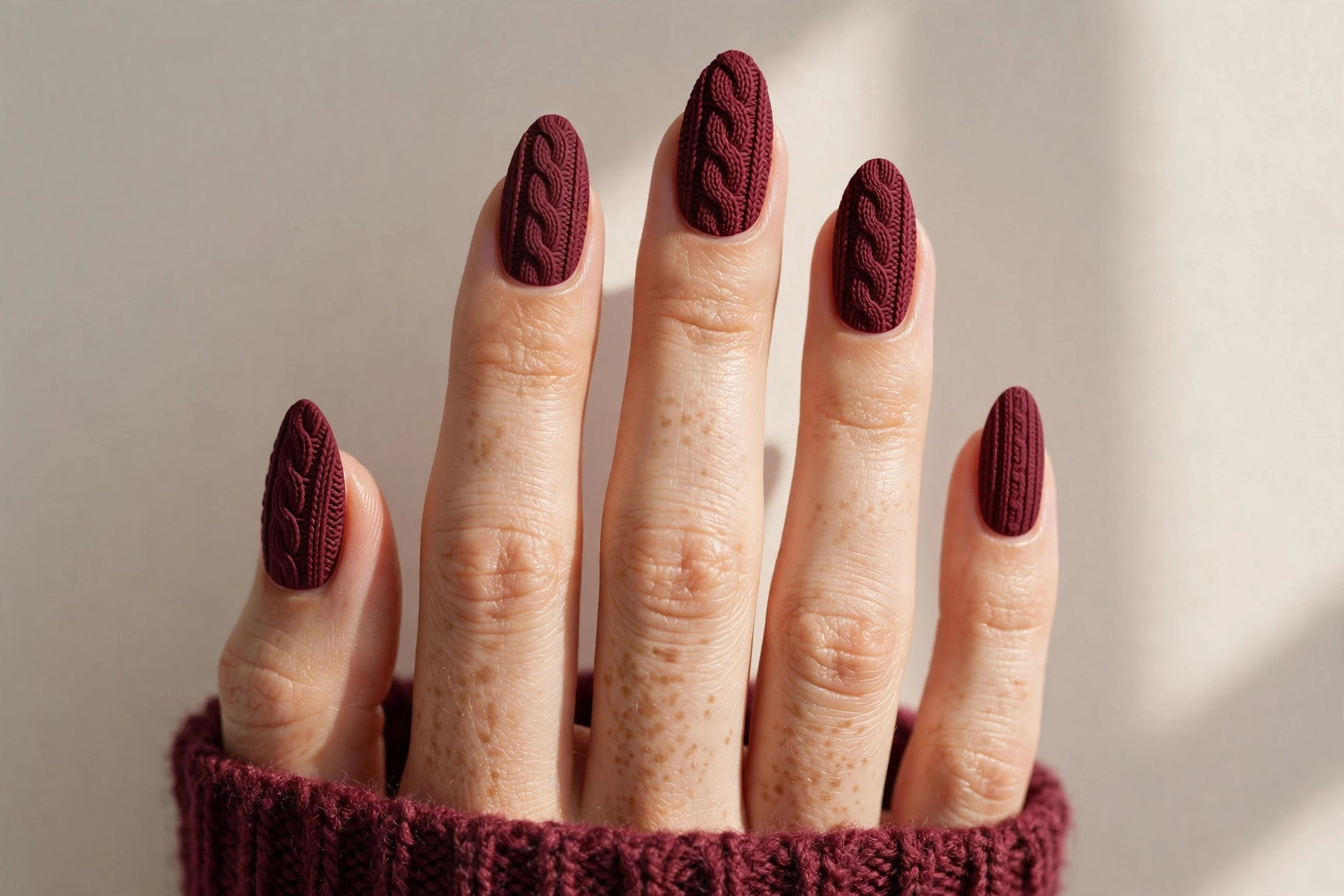 Burgundy sweater knit cable texture nail art