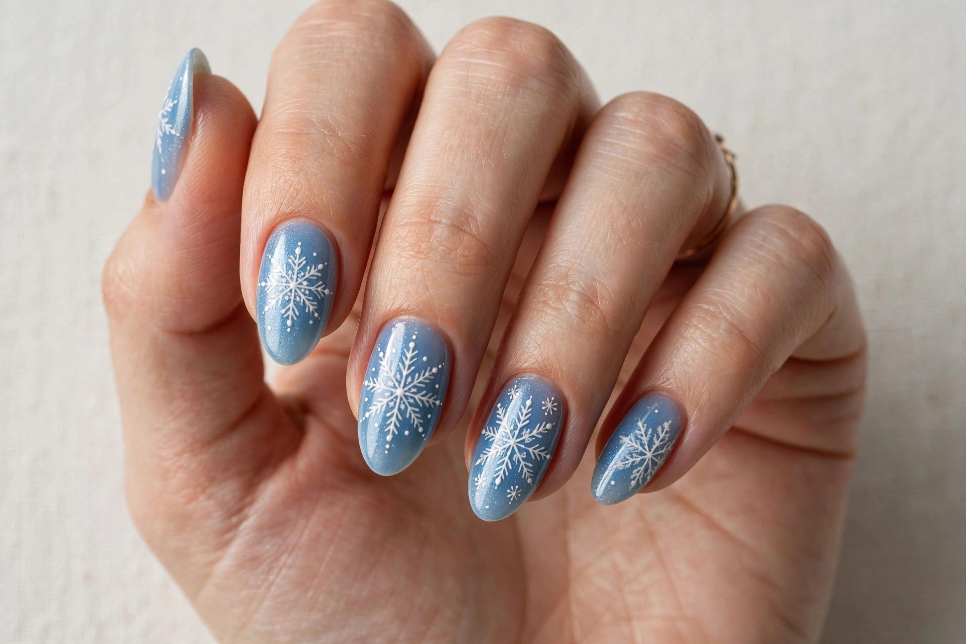 Icy blue nails with white snowflake nail art