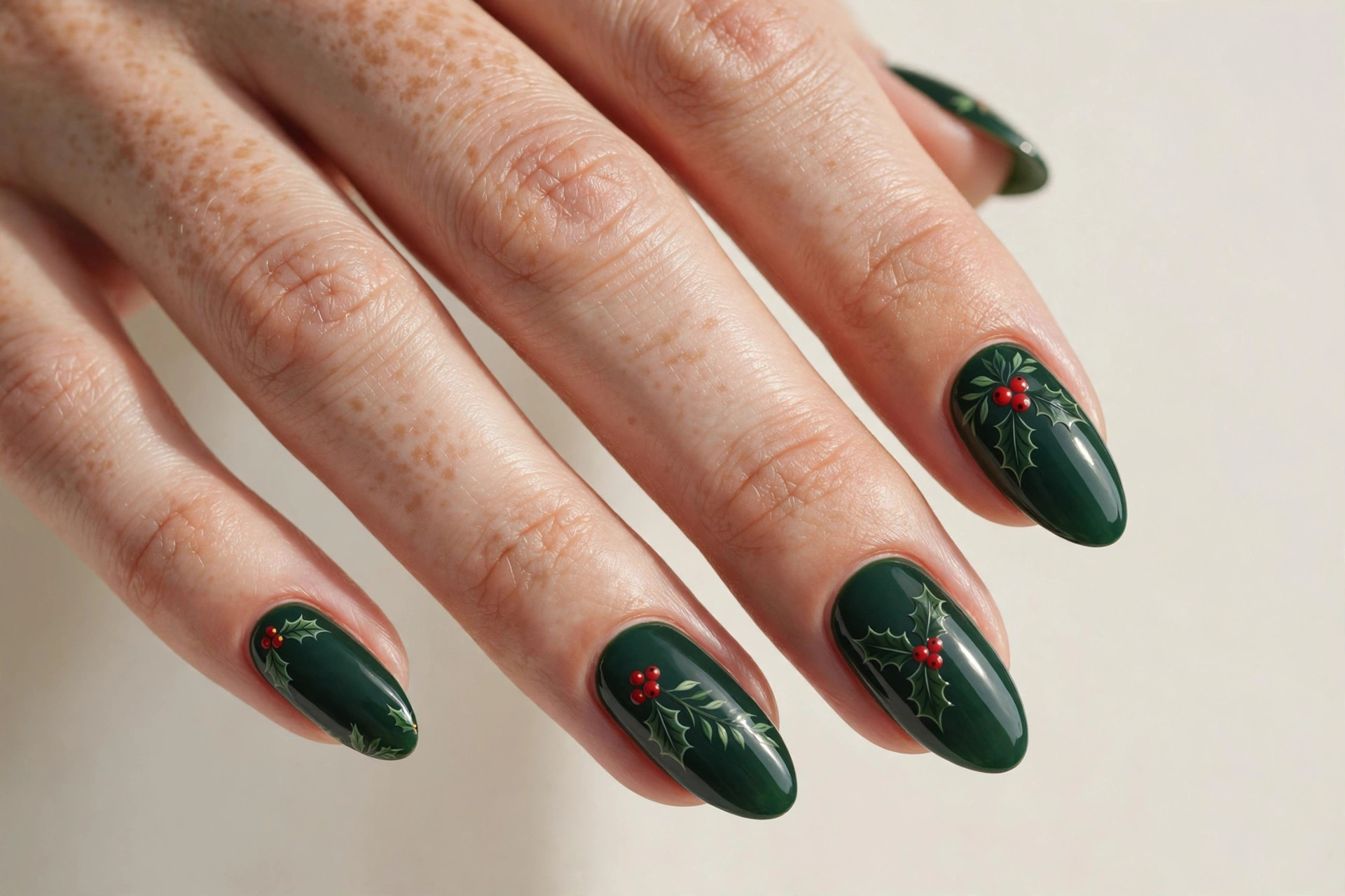 Forest green nails with red holly berry accents
