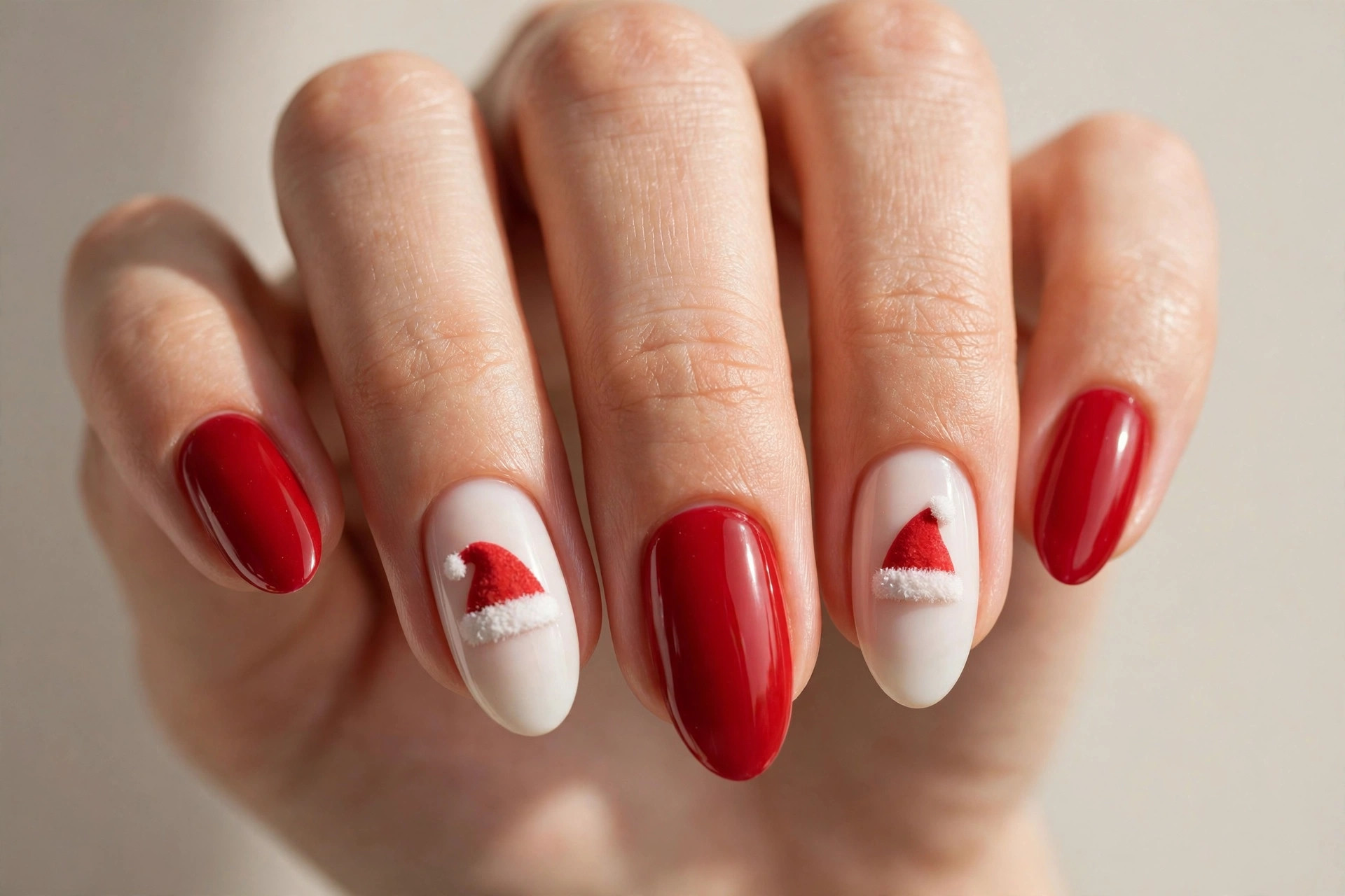 Red nails with Santa hat accent nail art