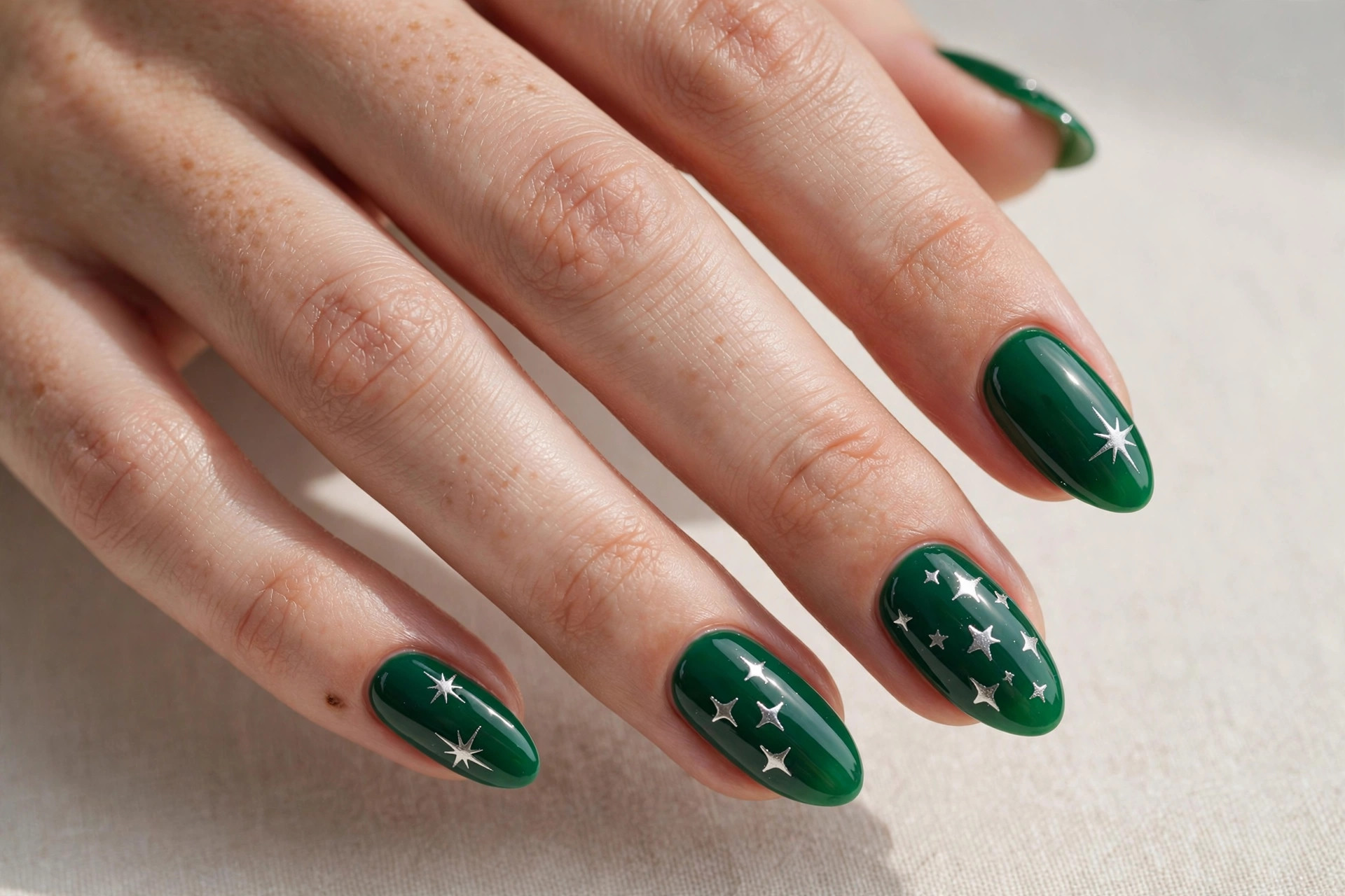 Emerald green nails with silver star nail art