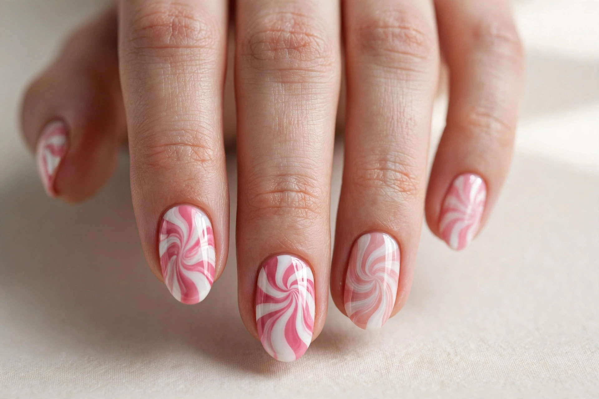 Pink and white peppermint swirl nail art