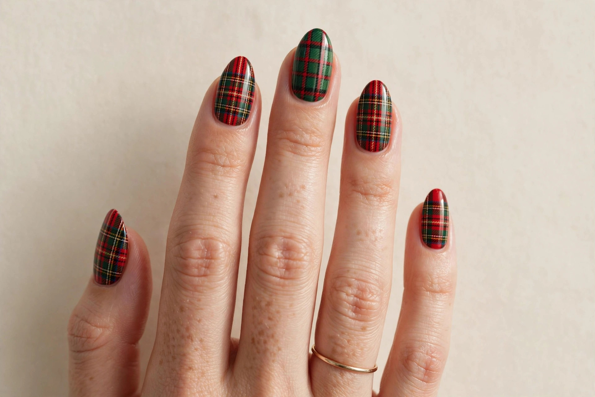 Red and green tartan plaid flannel nail art