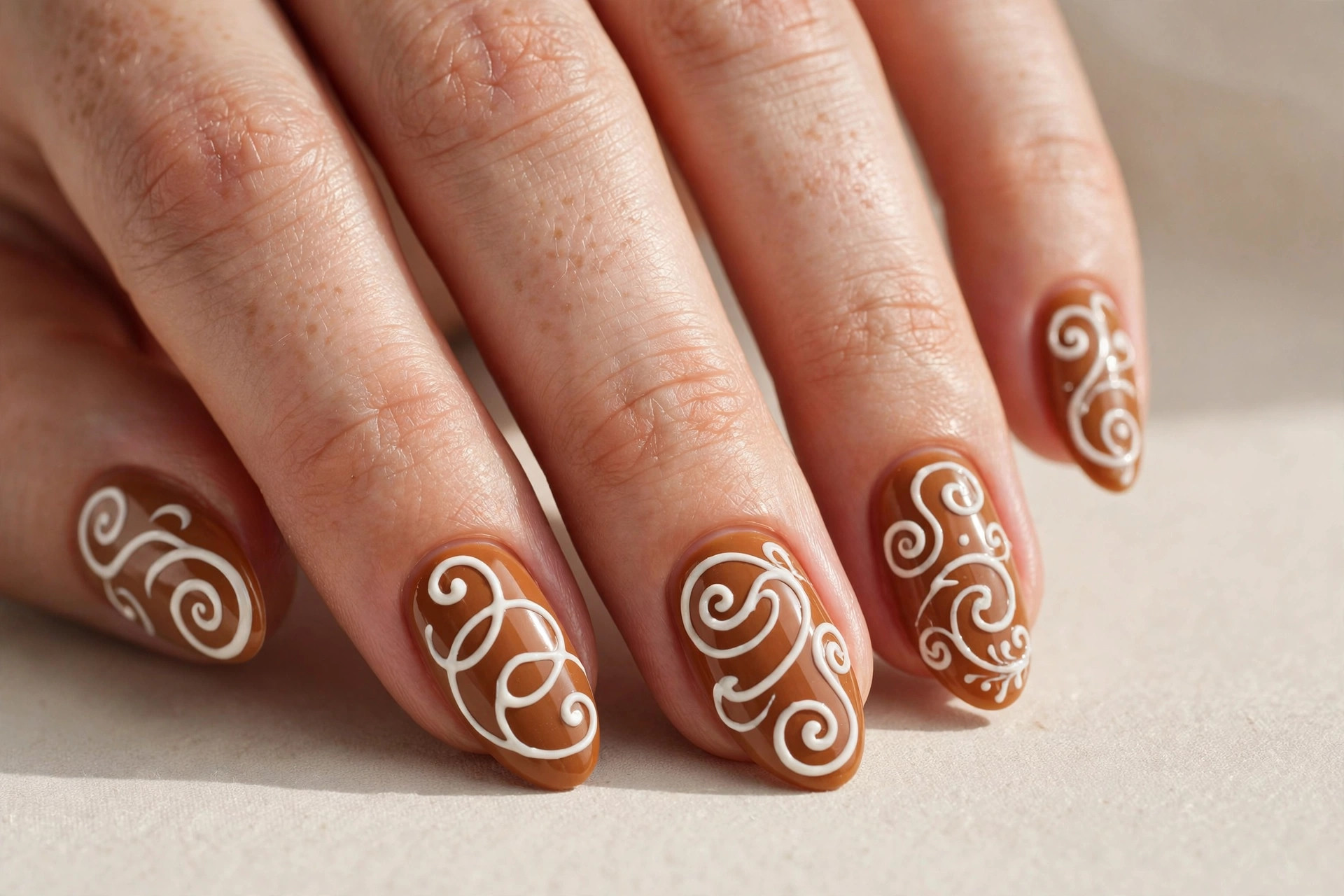 Gingerbread brown nails with white icing swirl art