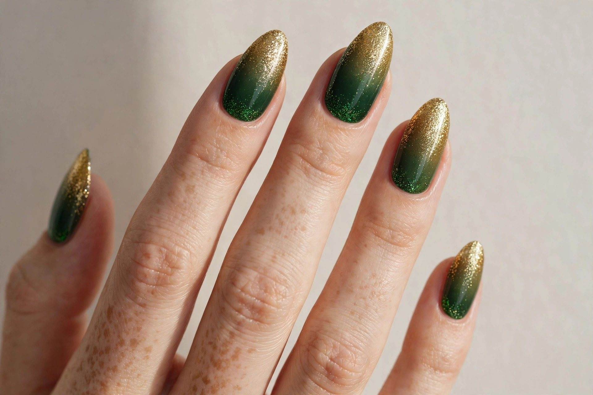 Green to gold glitter ombre mistletoe nails