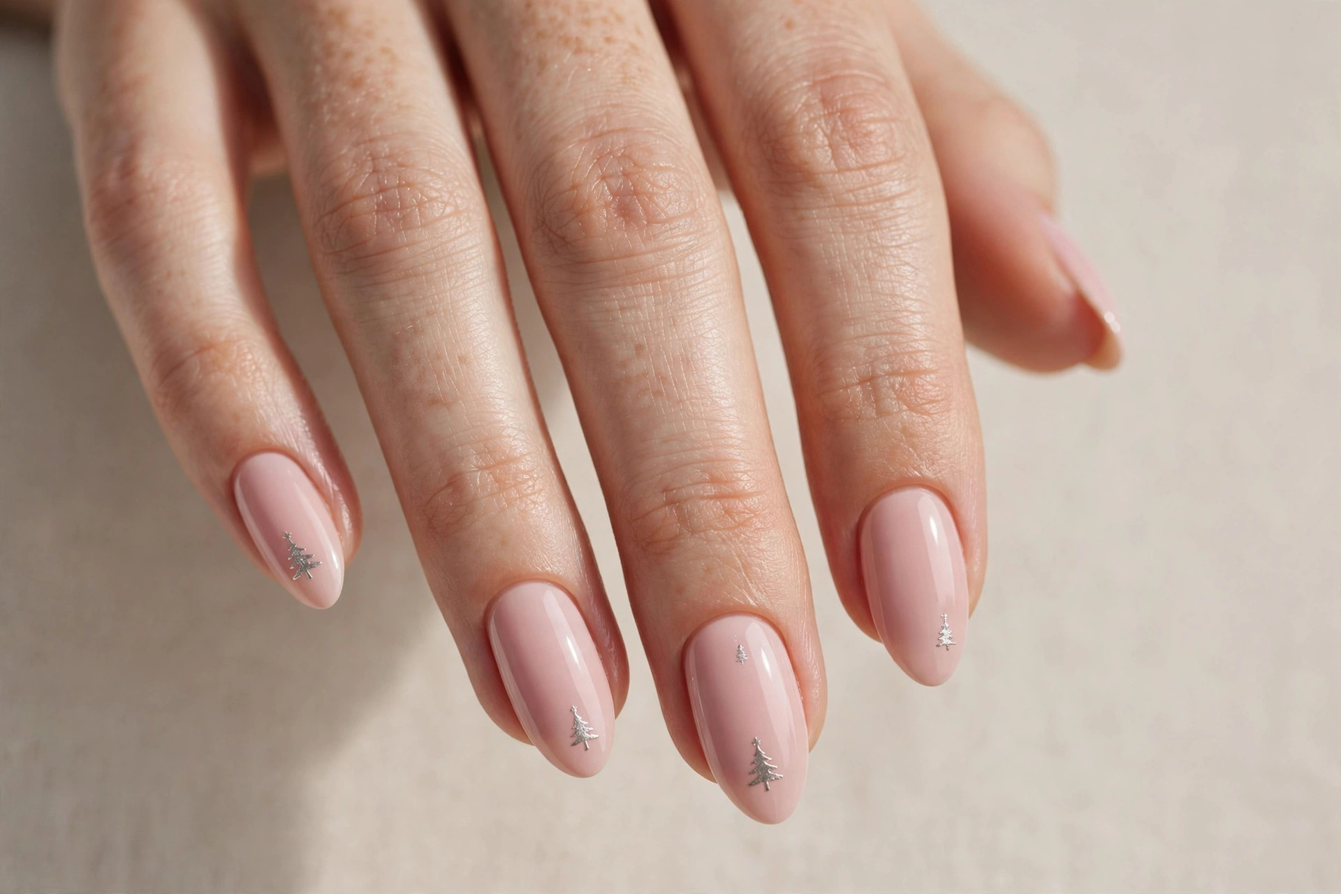 Blush pink nails with silver Christmas tree accents