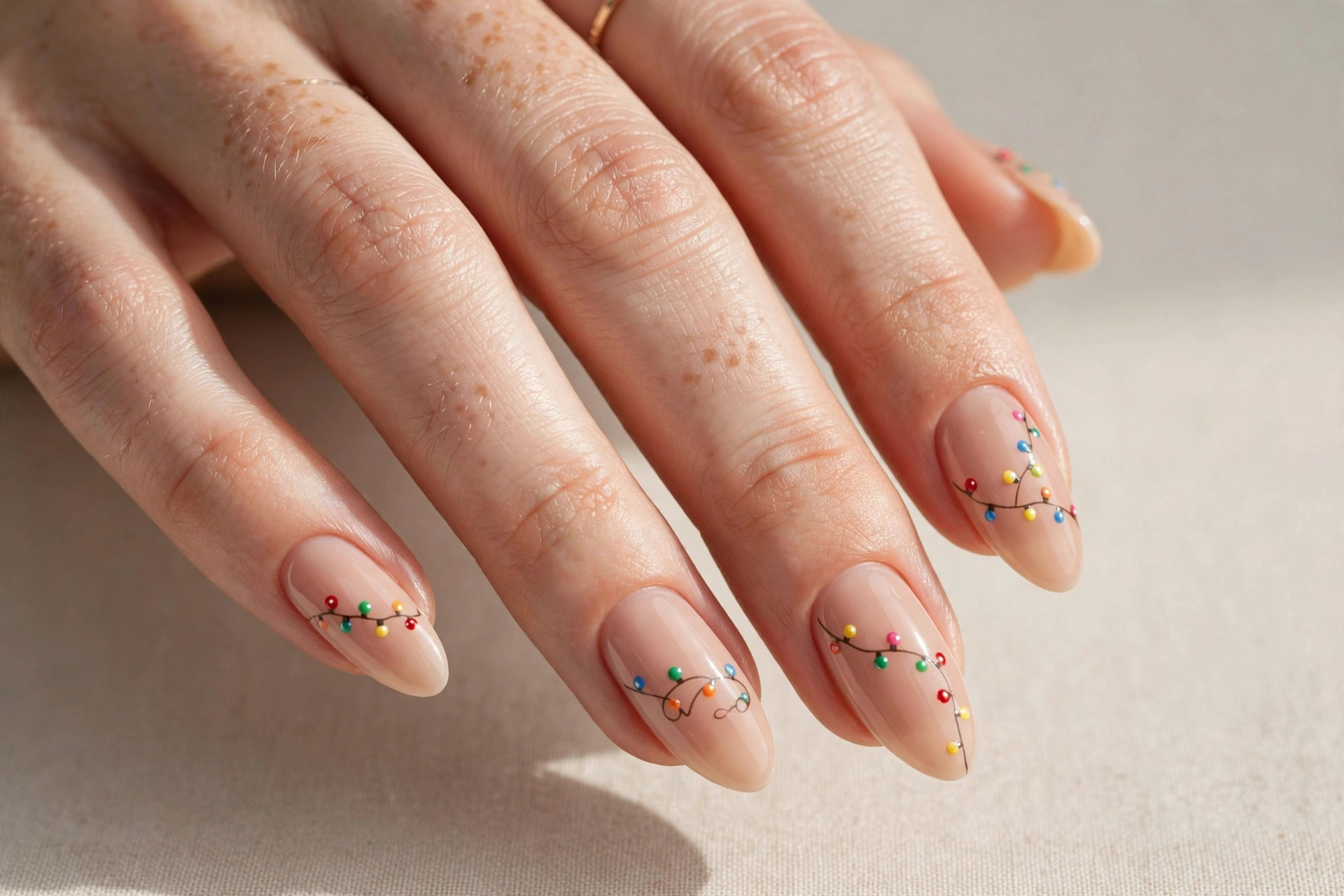Twinkle Christmas lights nail art on nude base
