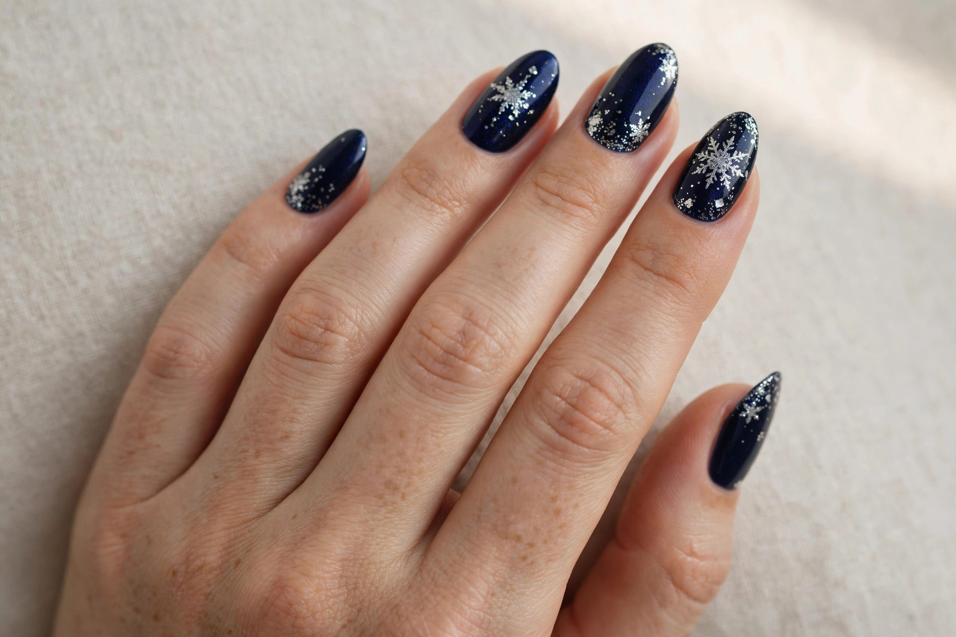 Midnight navy nails with silver snow accents