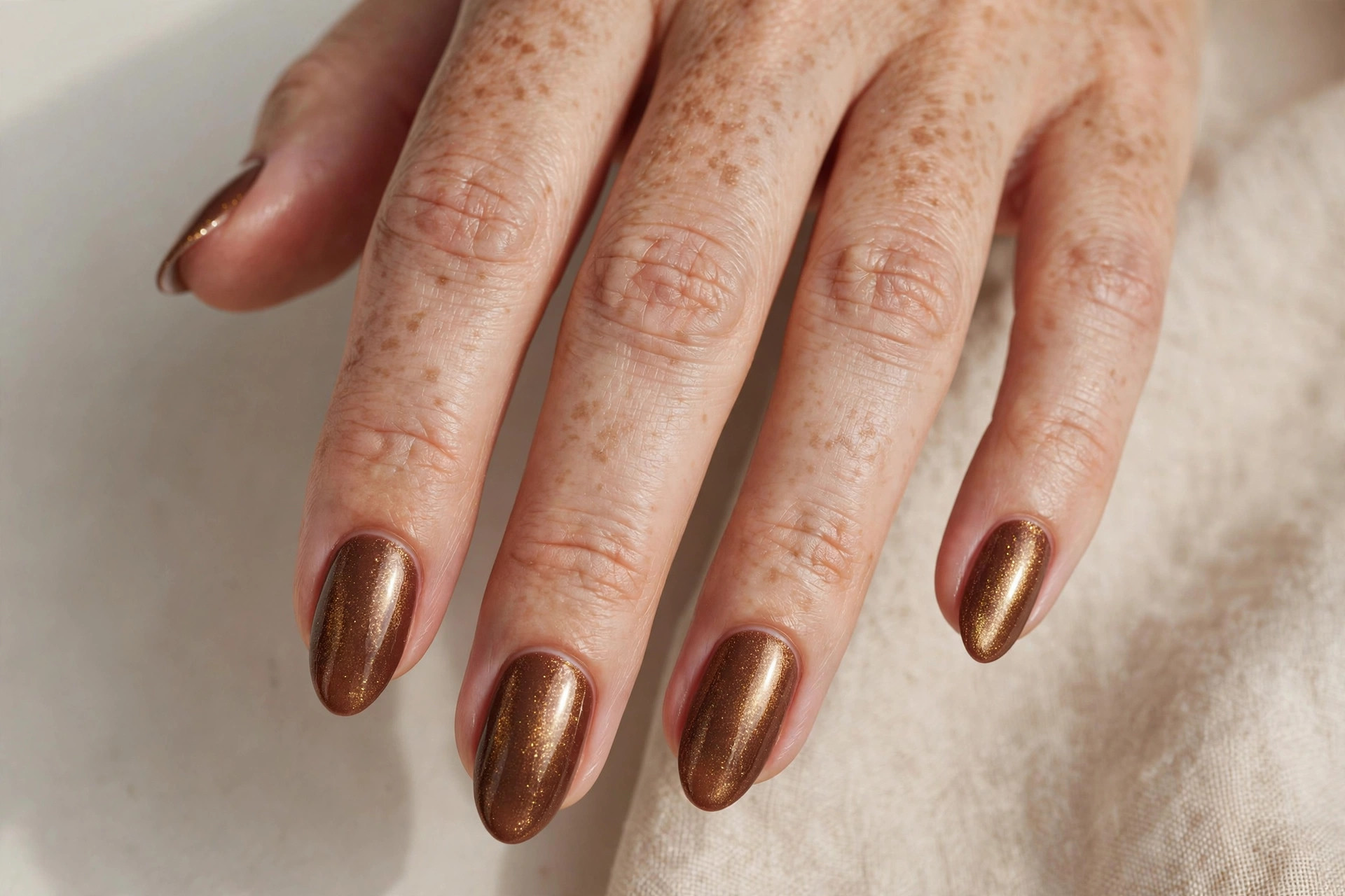 Cocoa brown shimmer nail manicure with gold tones